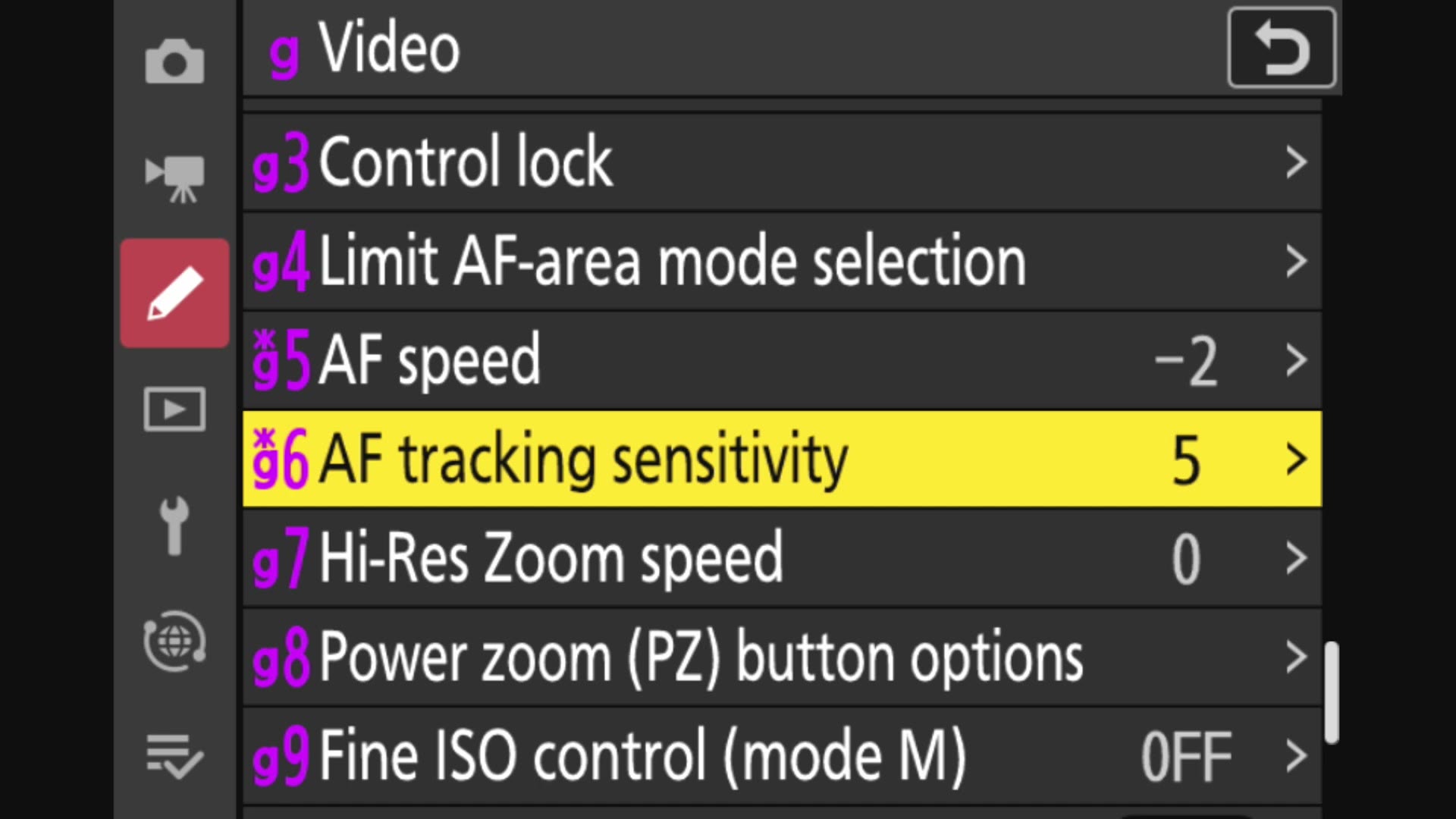 Nikon custom settings g Video list showing AF speed at negative 2 and AF tracking sensitivity at 5
