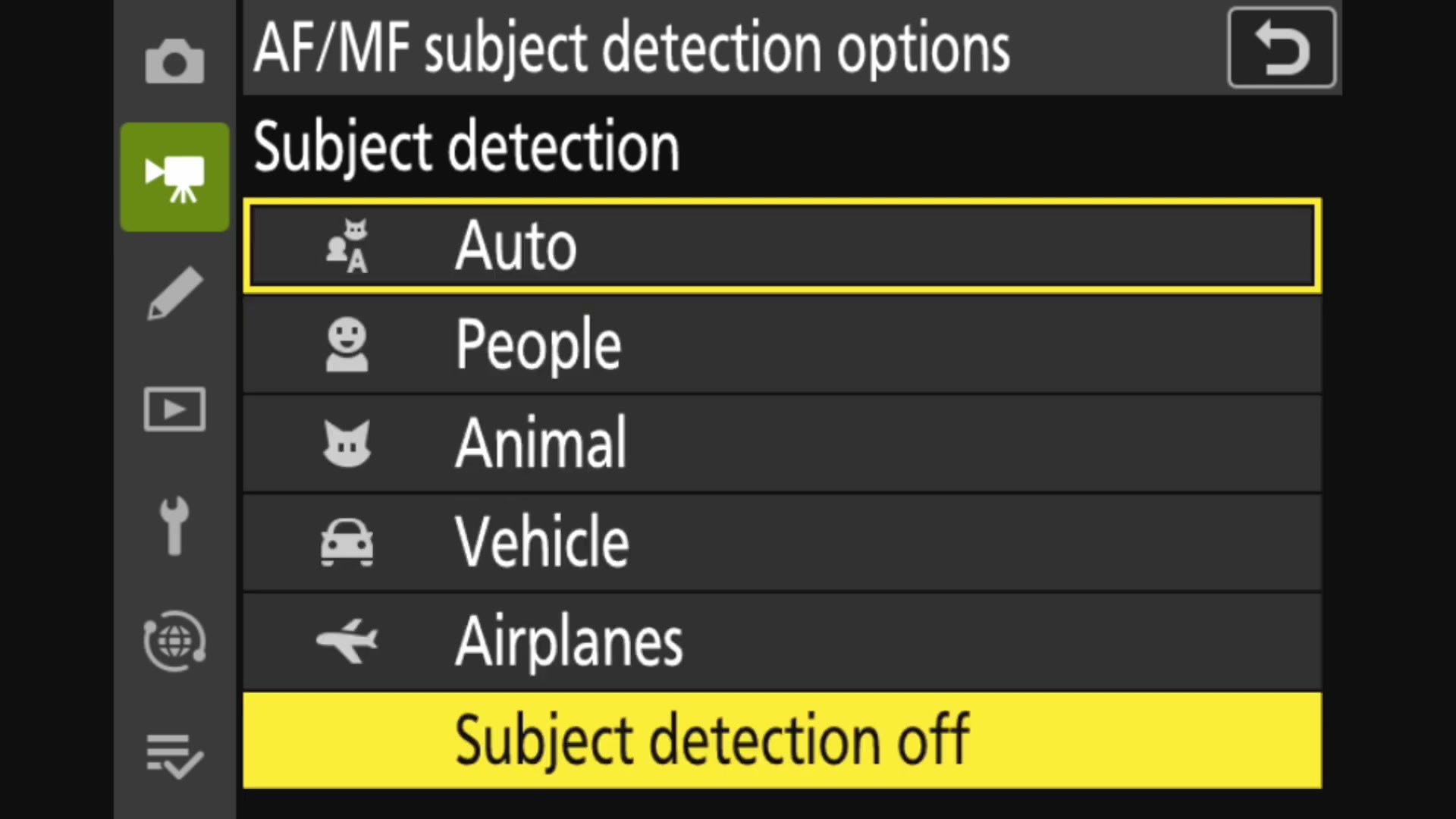 Nikon Subject detection menu listing Auto, People, Animal, Vehicle and Airplanes