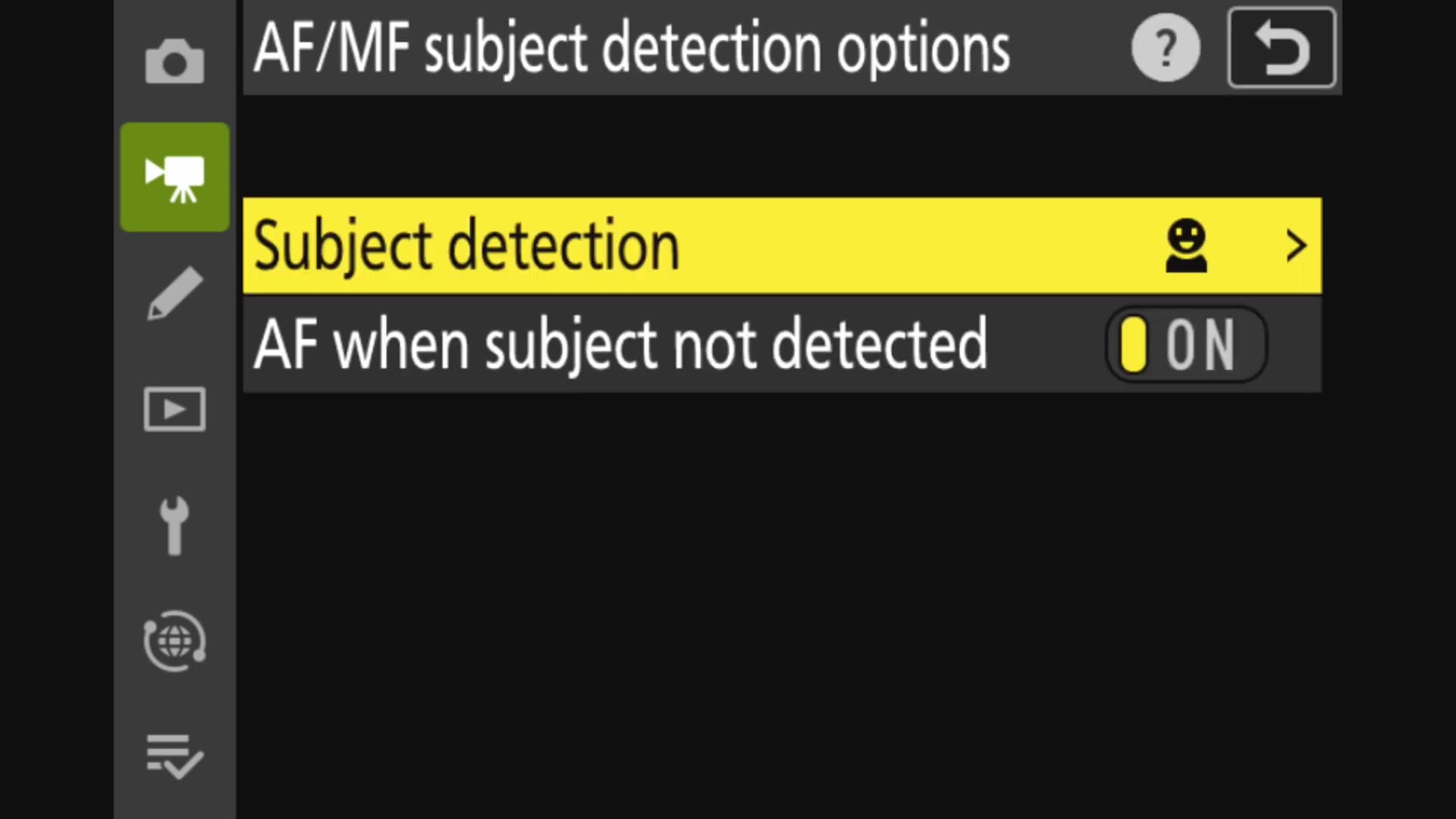 Nikon AF/MF subject detection options menu with AF when subject not detected set to ON