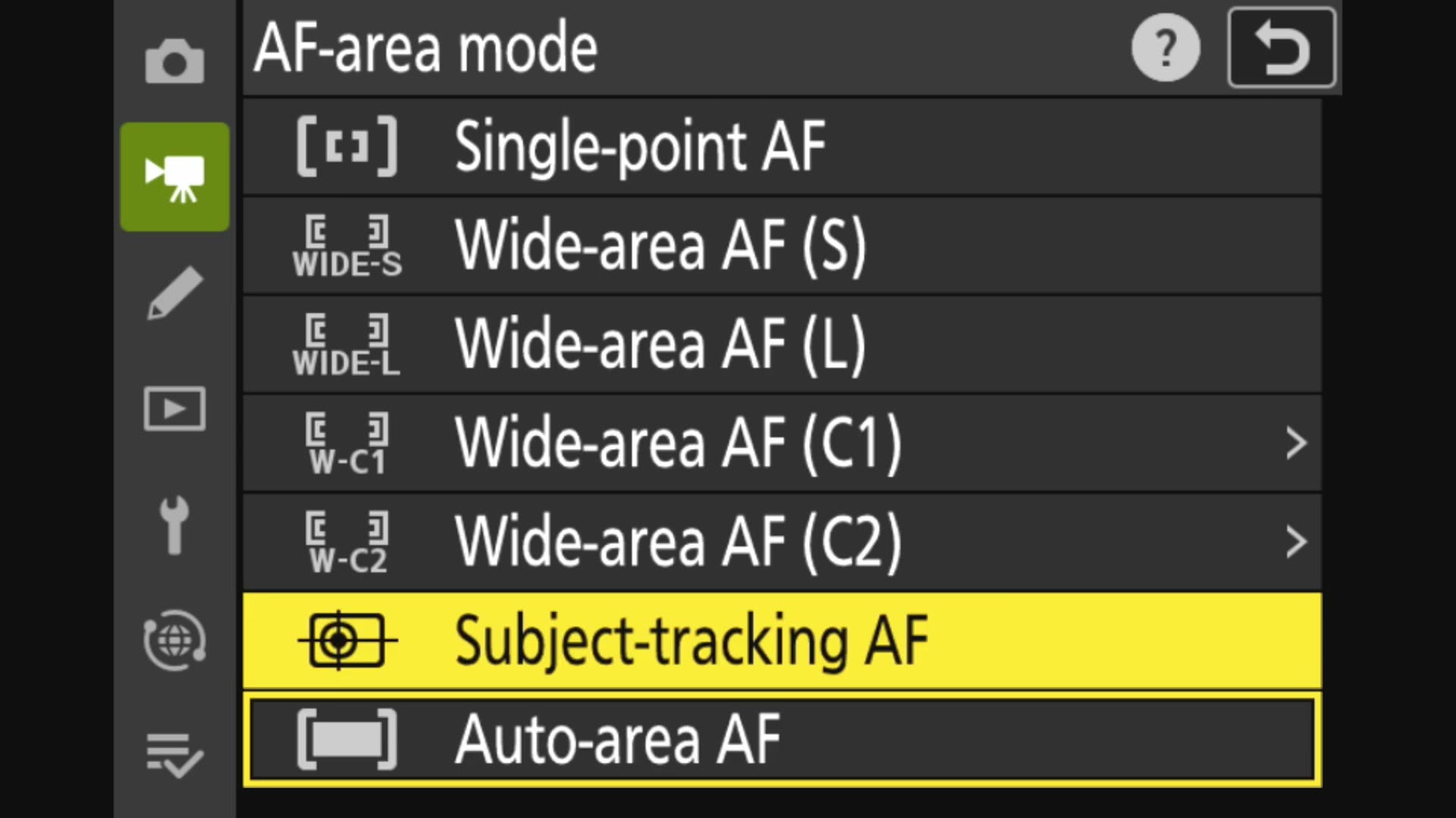 Nikon AF-area mode menu with Subject-tracking AF highlighted