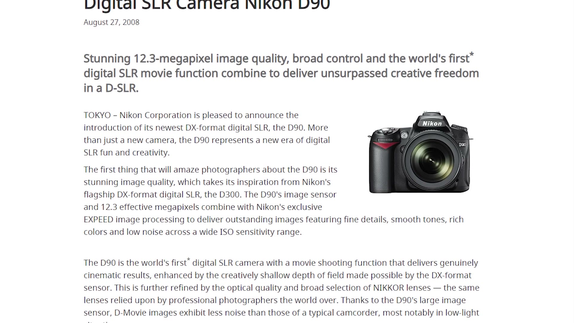 Nikon's 2008 press release announcing the D90 DSLR