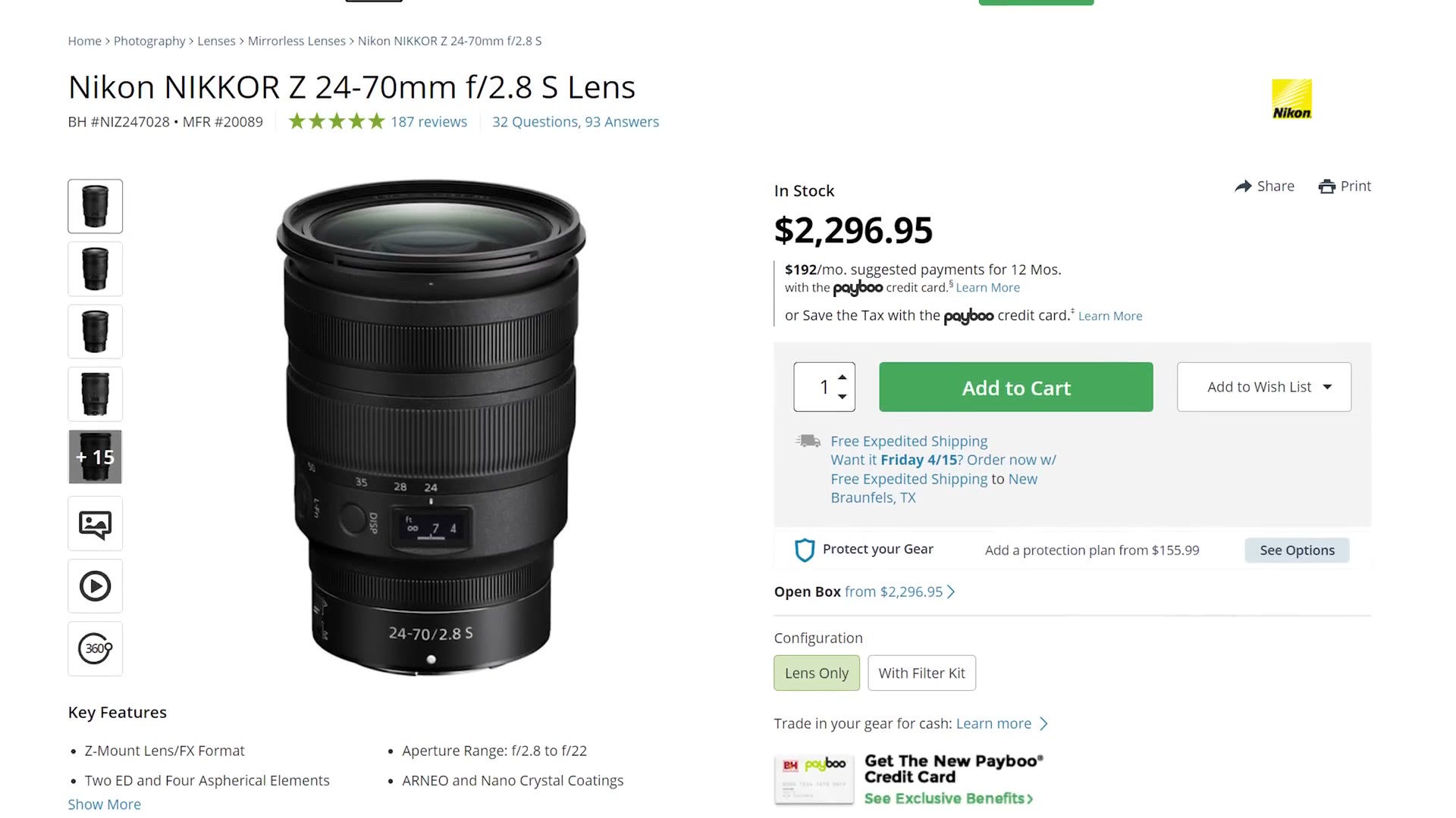 Nikon 24-70mm f/2.8 product page for price comparison