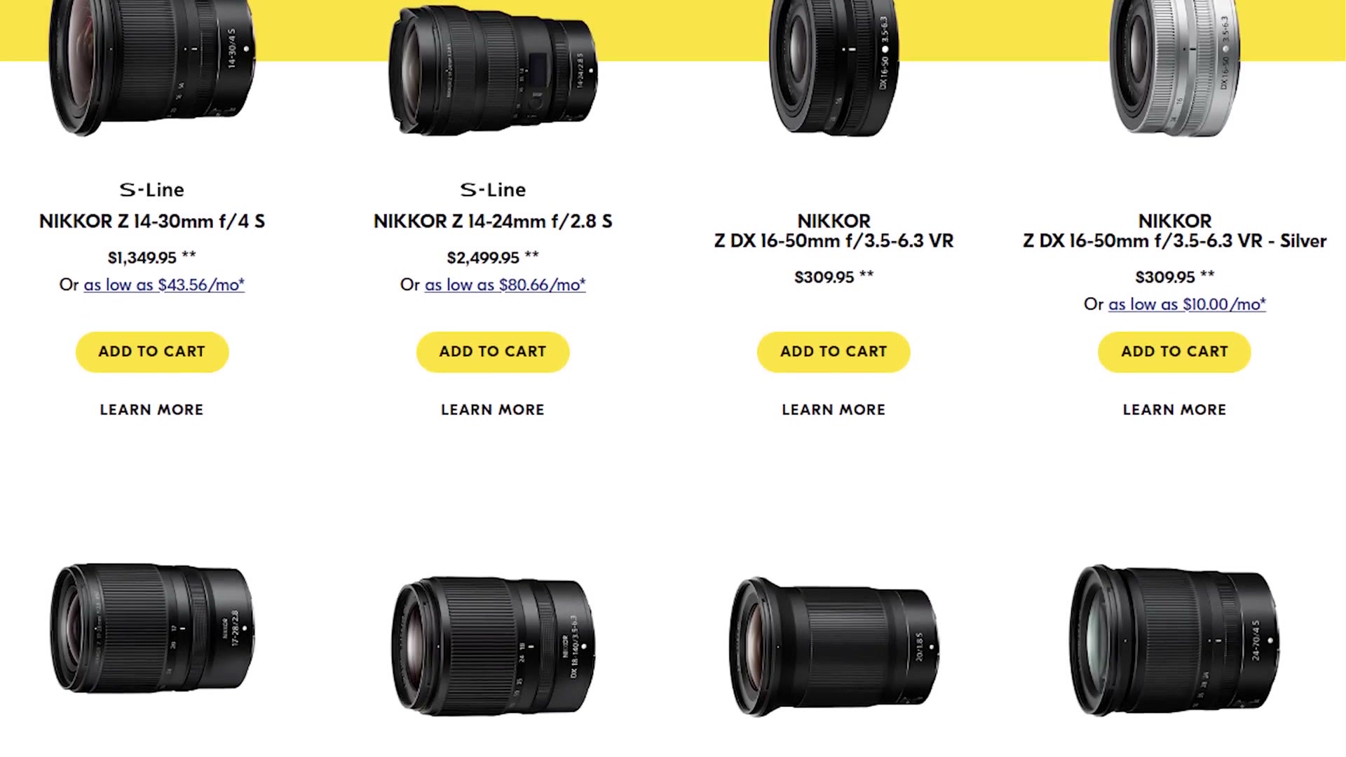 Nikon's website showing their Z mount lens lineup with prices