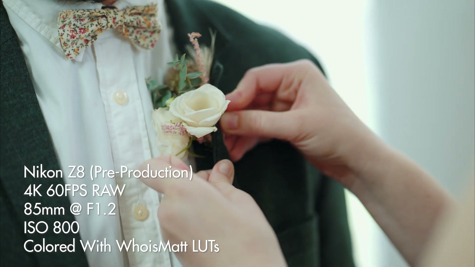 Close up detail of a boutonniere shot on the Nikon Z8 at 4K 60fps raw with an 85mm f/1.2