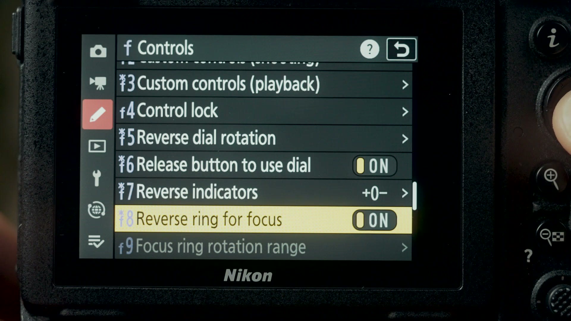 Nikon Z8 menu screen showing the reverse ring for focus setting turned on