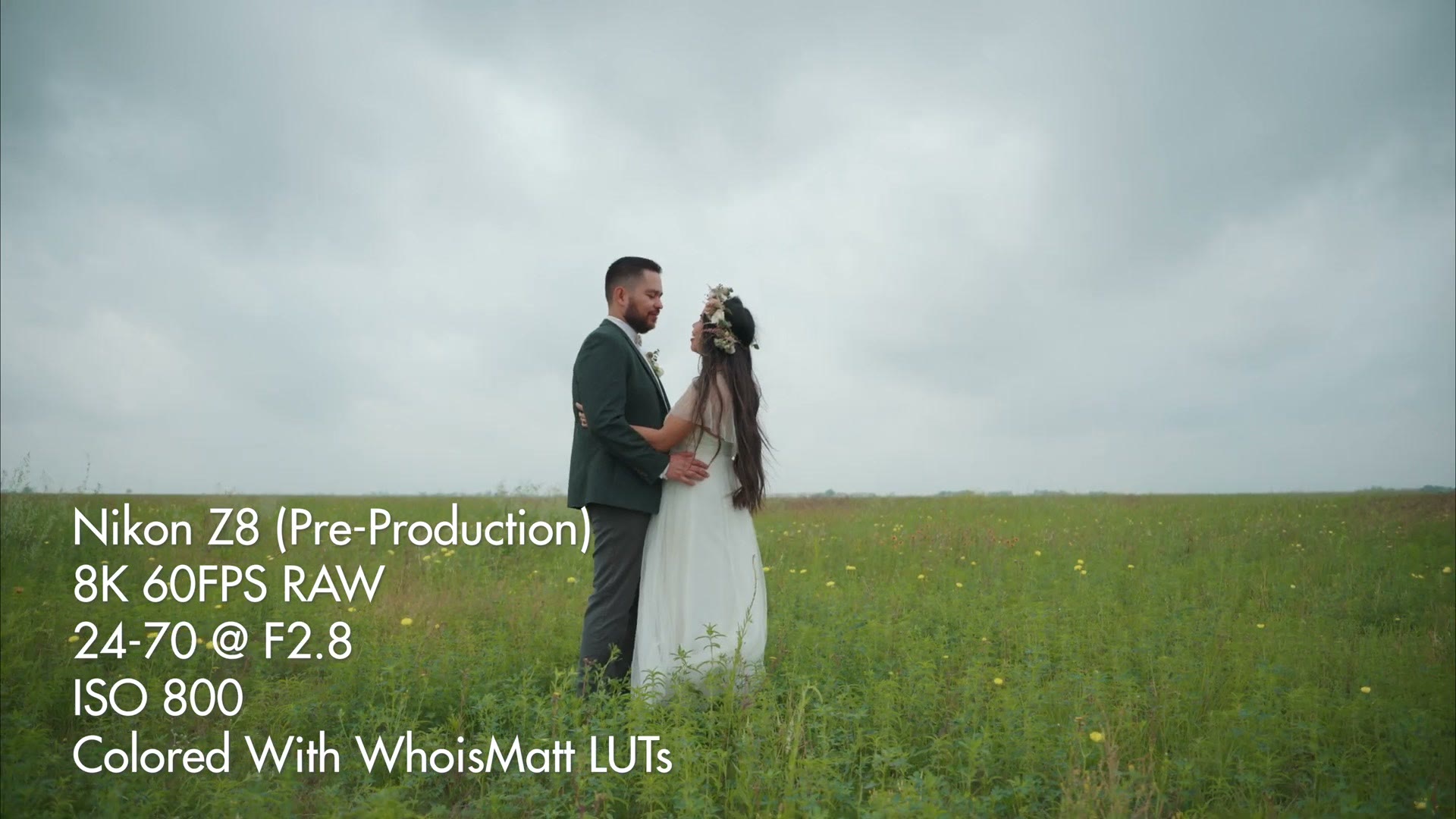 Wedding couple in a field of wildflowers shot on the Nikon Z8 in 8K 60fps raw