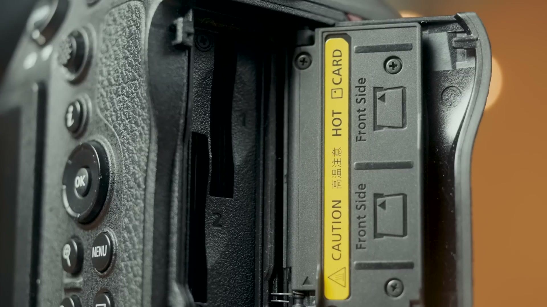 Dual CFexpress Type B card slots on the Nikon Z9 with a caution hot card warning