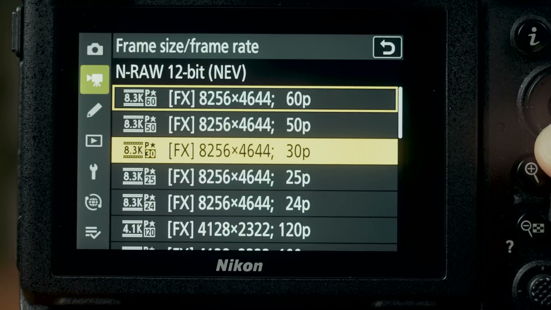 Nikon Z9 menu showing N-RAW 12-bit frame sizes up to 8256 by 4644 at 60p
