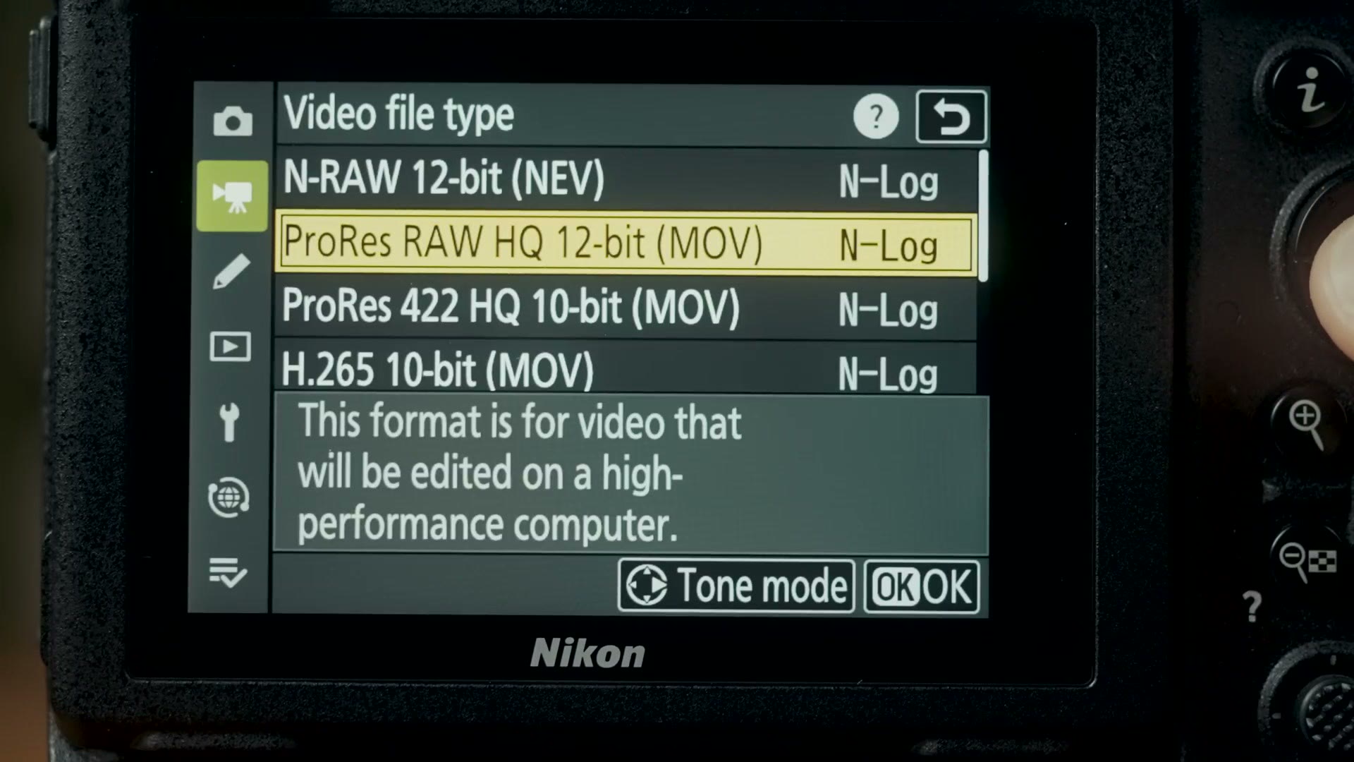 Nikon Z9 video file type menu showing N-RAW, ProRes RAW HQ, ProRes 422 HQ and H.265