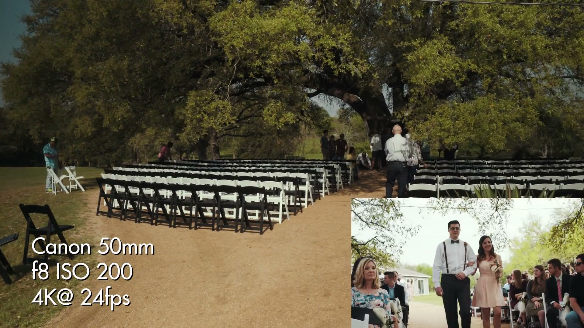 The empty ceremony aisle under a huge live oak with white chairs set out, and the resulting processional shot inset on screen