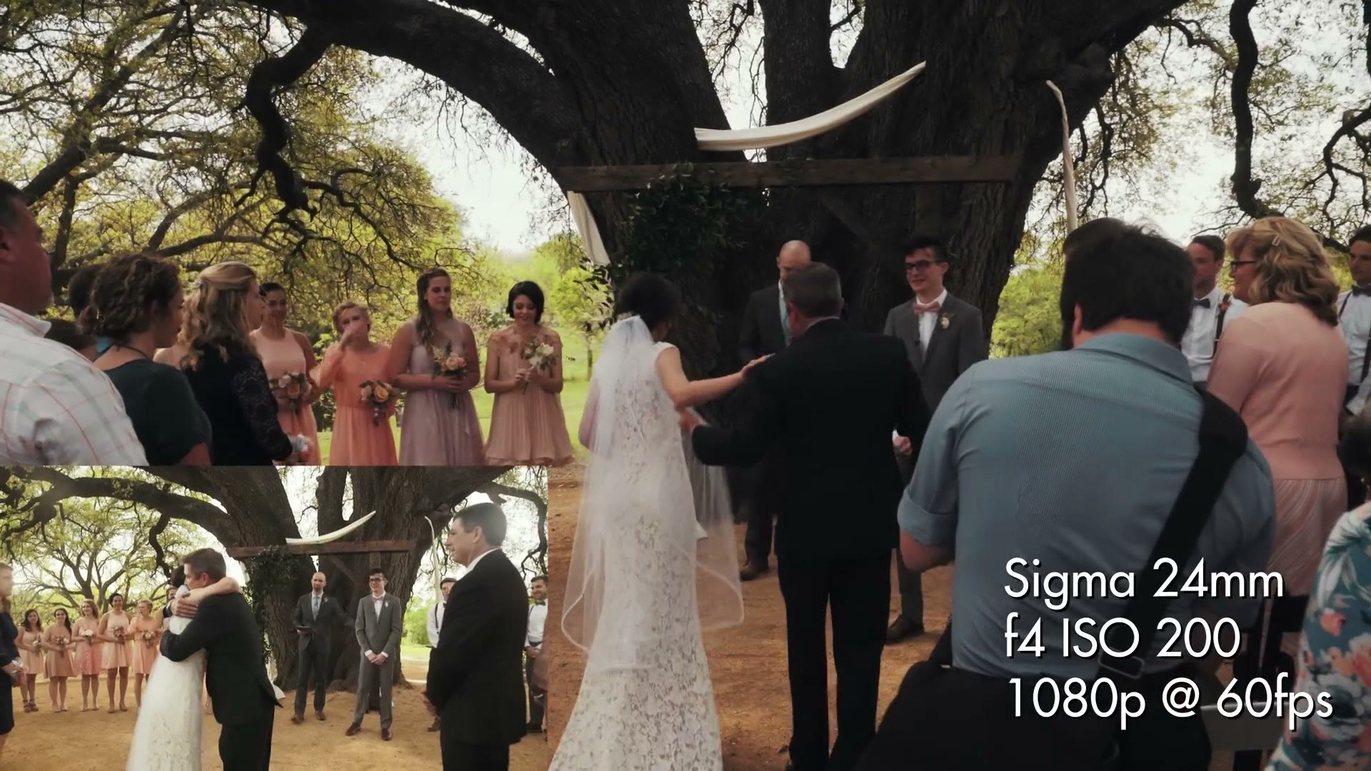 The bride arriving at the front of the aisle with the wedding party either side, camera settings overlaid on screen