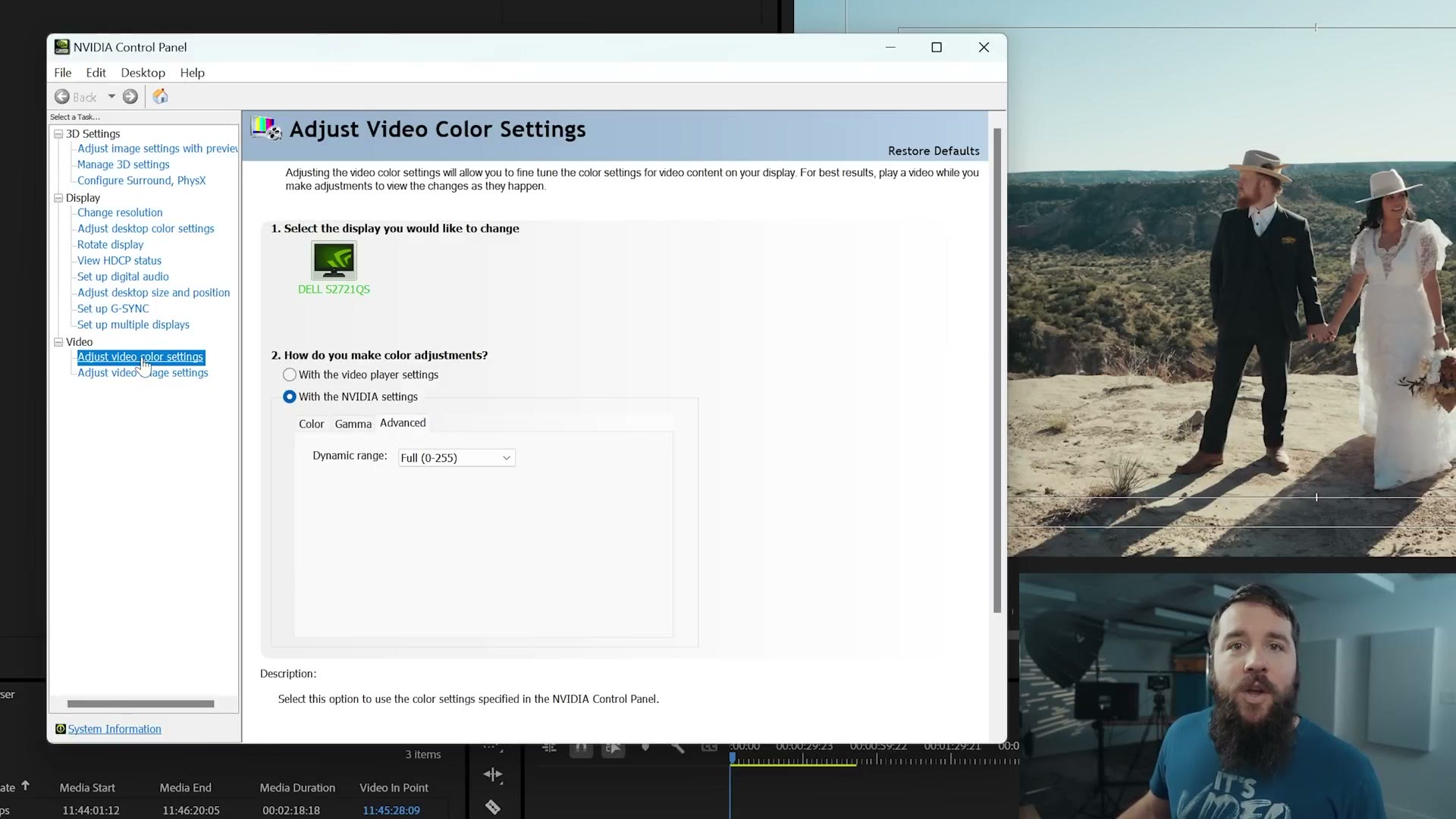 The Nvidia Control Panel on the Adjust Video Color Settings page, with the NVIDIA settings selected, the Advanced tab open and Dynamic range set to Full (0-255)