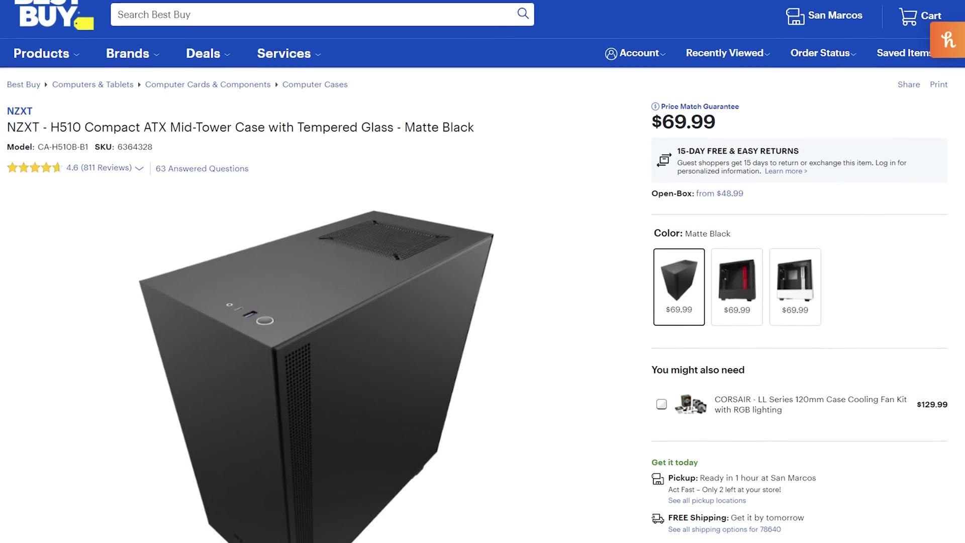Best Buy listing for the NZXT H510 Compact ATX Mid-Tower Case in Matte Black, priced at $69.99