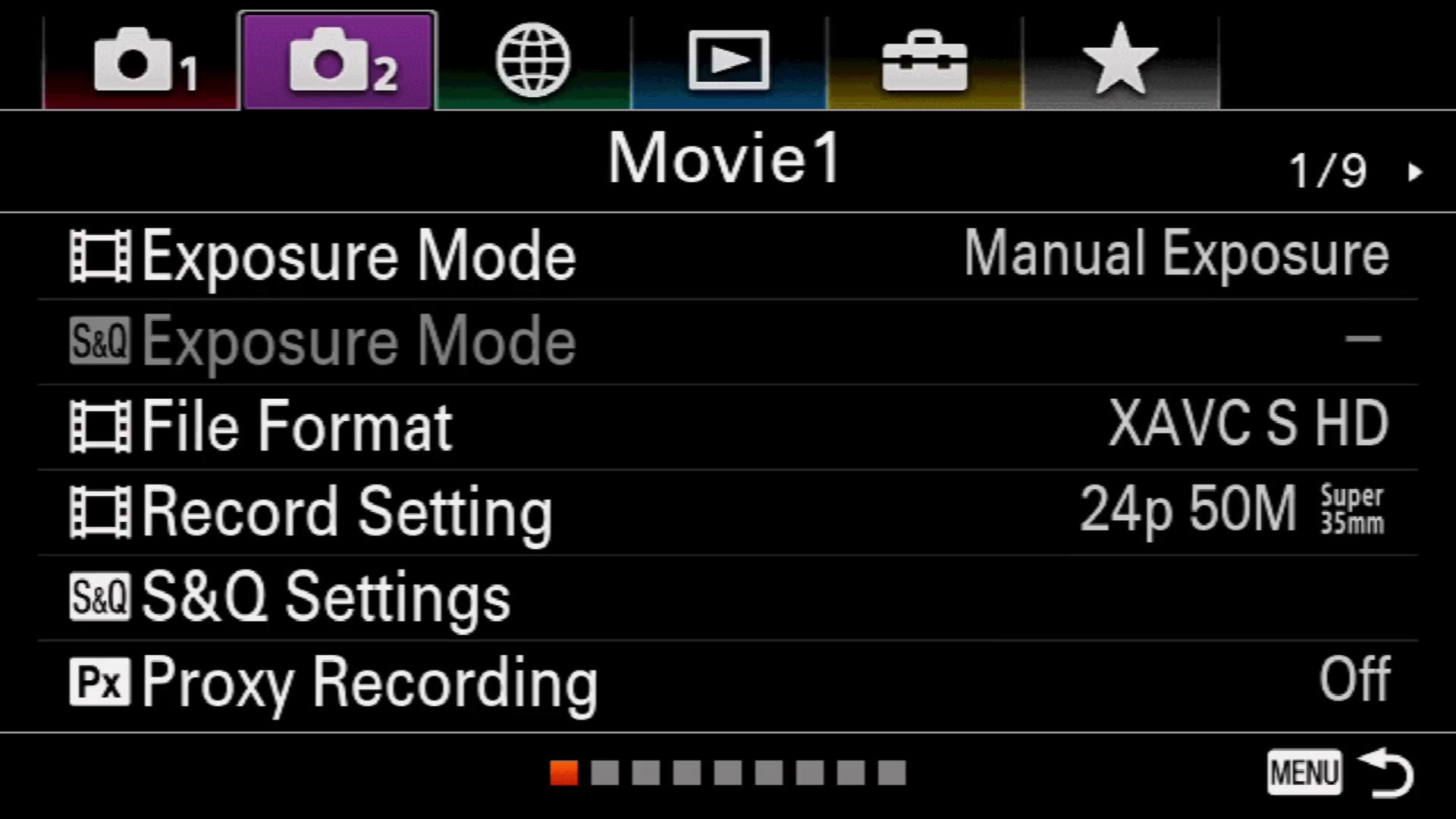 Older Sony movie menu with proxy recording option