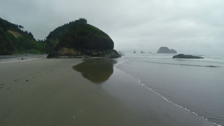 An aerial view of a forested sea stack on a wide flat Pacific Northwest beach at low tide, with more stacks fading into the mist offshore
