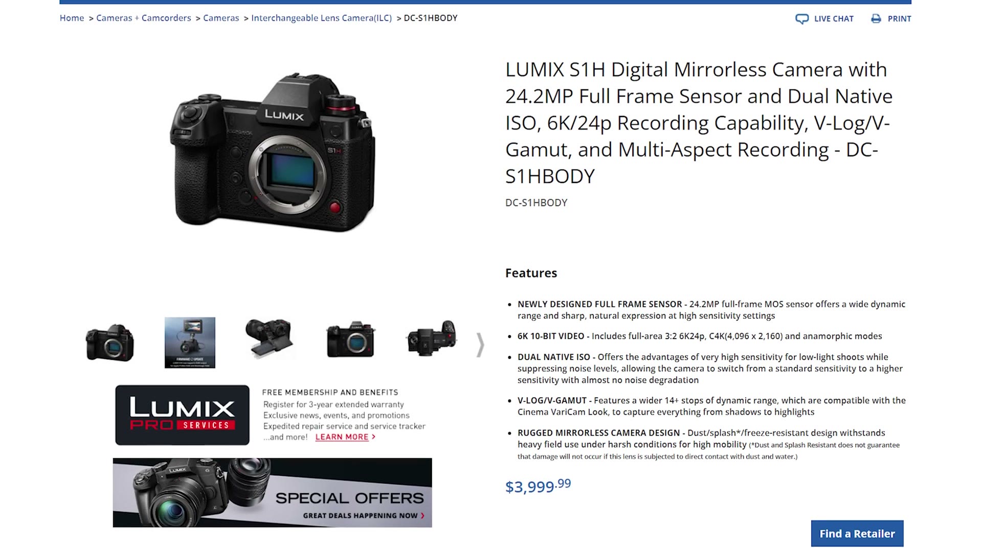 Panasonic full frame camera product page