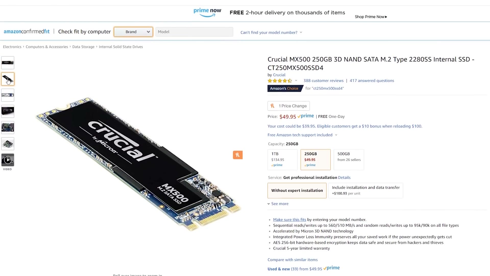 Amazon listing for the Crucial MX500 250GB M.2 SATA SSD at $49.95