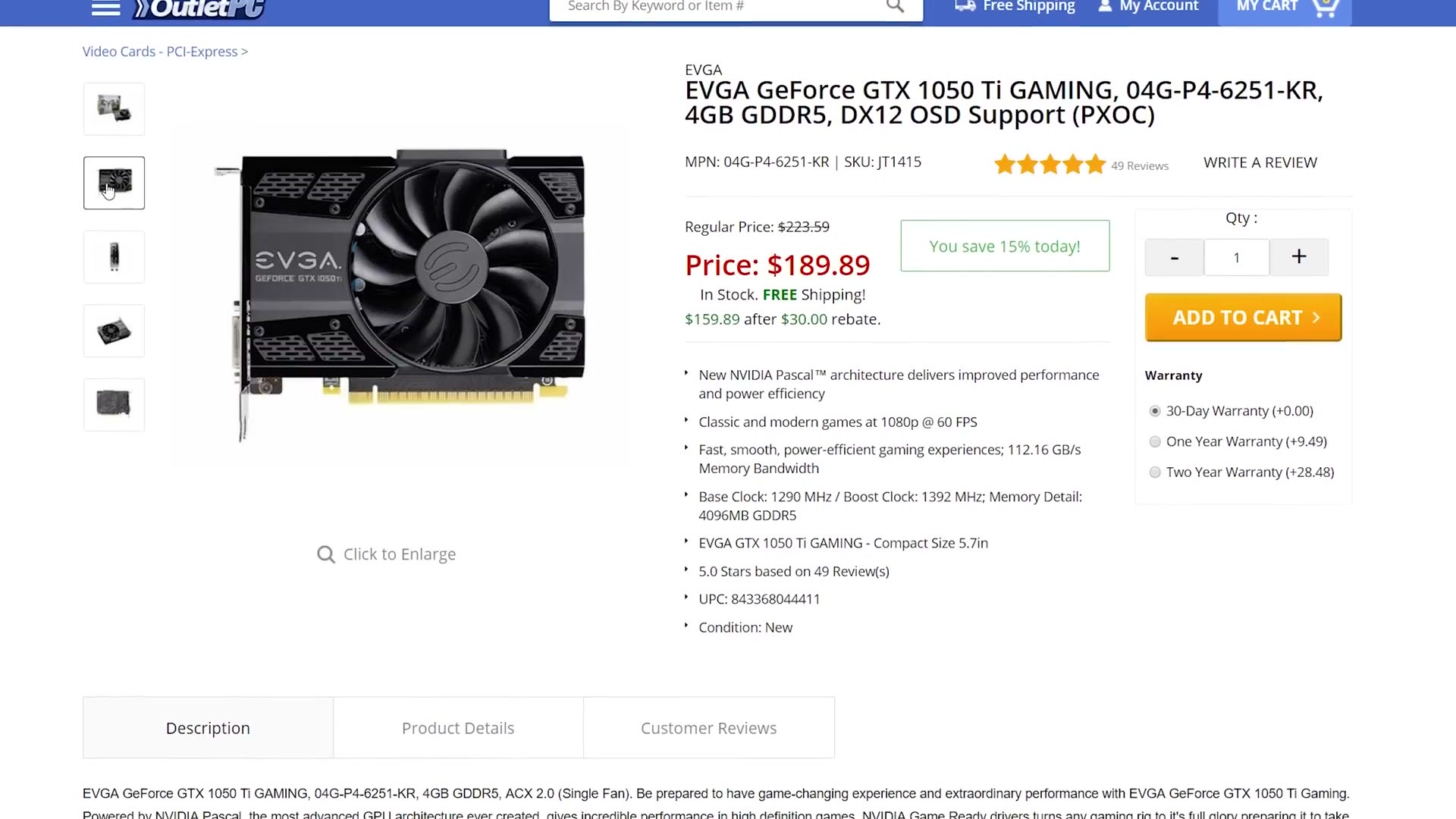 Product page for the EVGA GeForce GTX 1050 Ti 4GB graphics card, priced at $189.89 with a $30 rebate