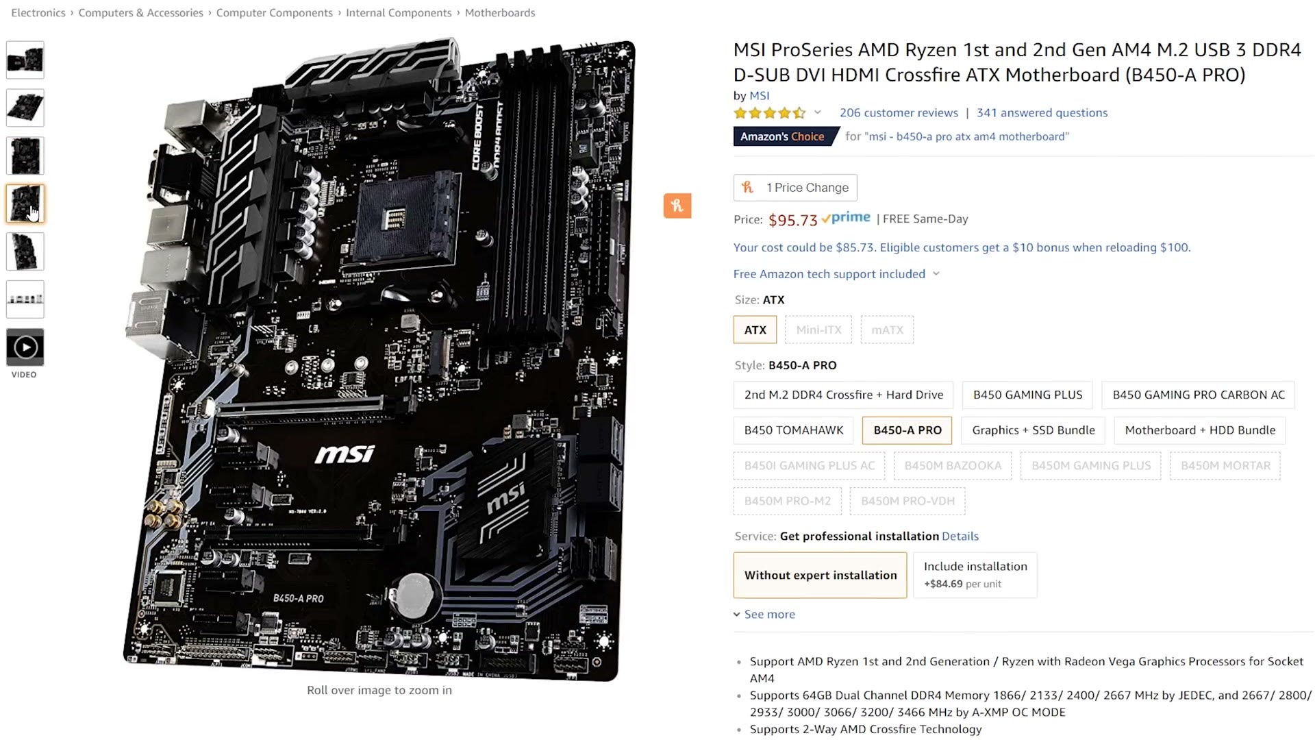 Amazon listing for the MSI B450-A Pro ATX motherboard at $95.73, board shown at an angle beside its spec list