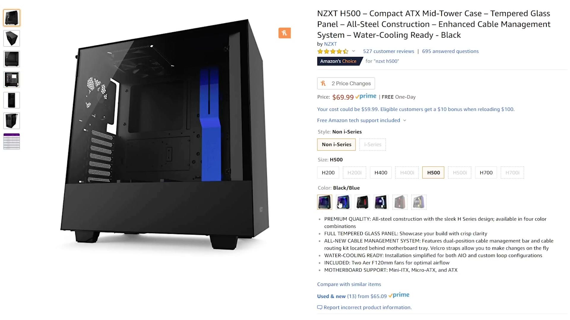 Amazon listing for the NZXT H500 mid-tower case in black and blue at $69.99, with the color swatches visible