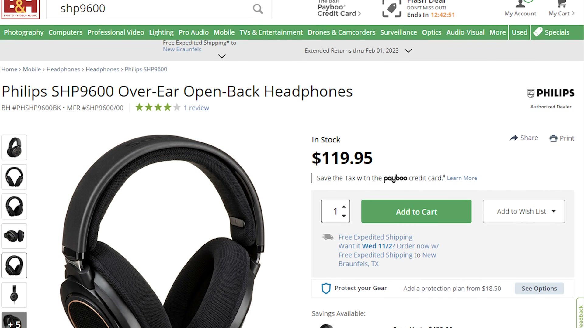 A B&H product page for the Philips SHP9600 over-ear open-back headphones priced at $119.95