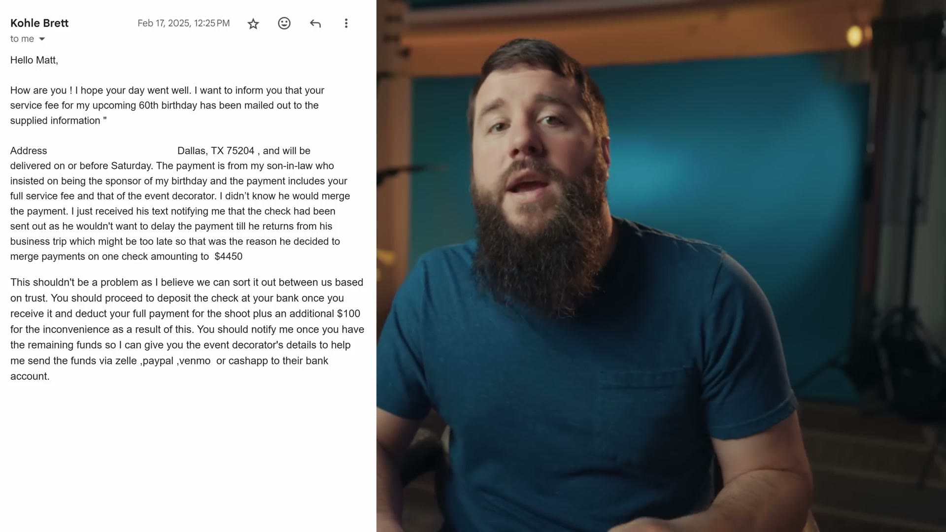 The full scam email instructing the recipient to deposit the check, deduct their fee plus $100, and send the remaining funds to the event decorator via Zelle, PayPal, Venmo or Cash App