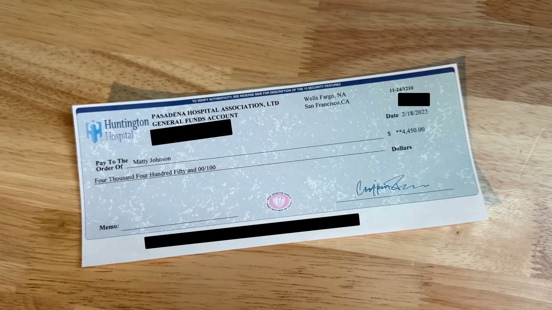 A check for $4,450 made out to Matty Johnson, drawn on the Pasadena Hospital Association general funds account at Wells Fargo, with the account details blacked out
