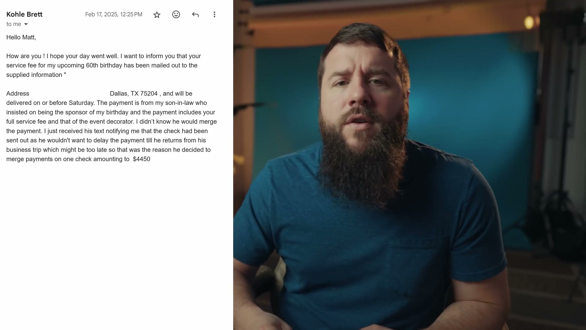 An email explaining that the son in law merged the photographer fee and the event decorator fee into a single check for $4,450