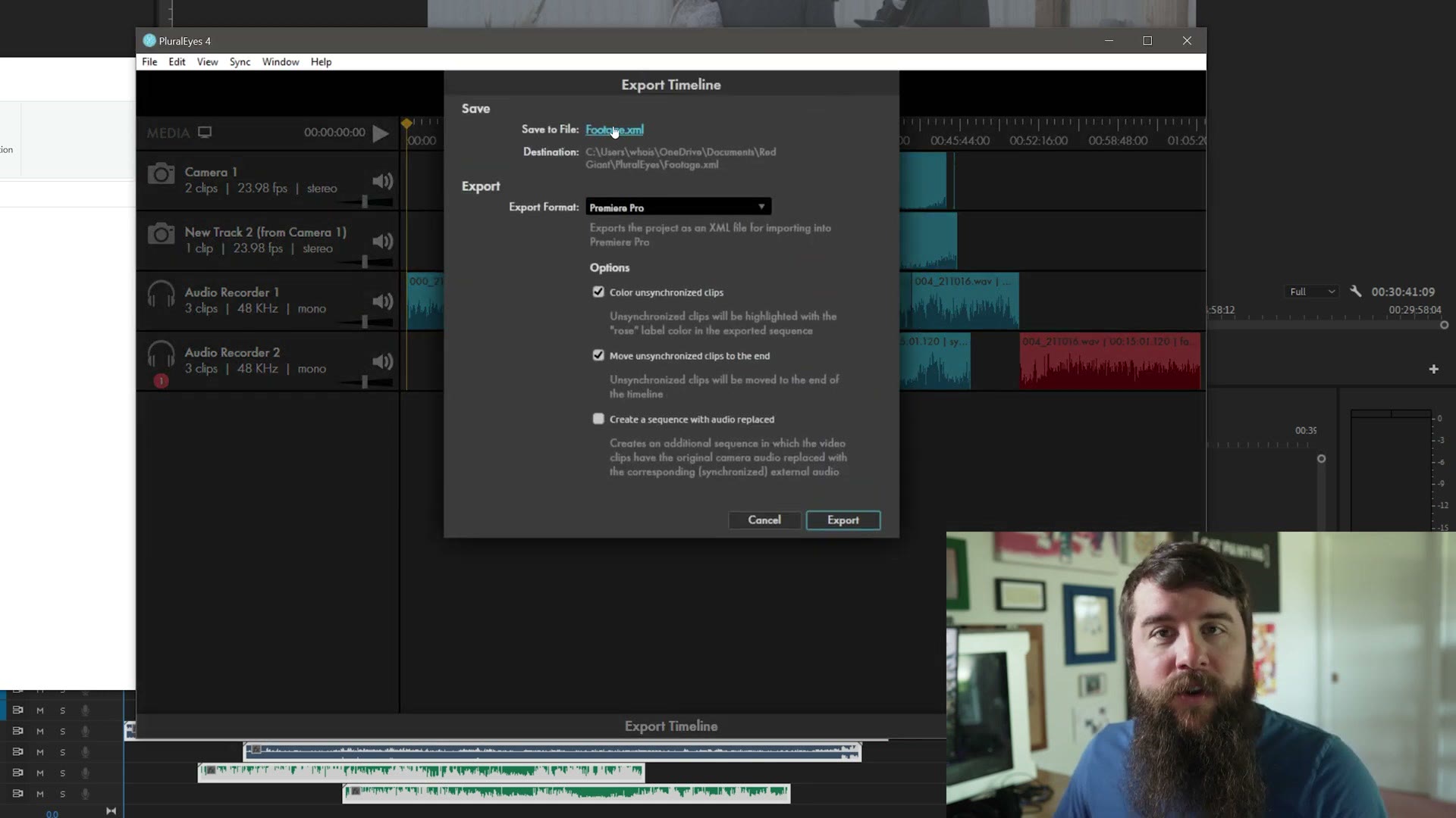 PluralEyes Export Timeline dialog