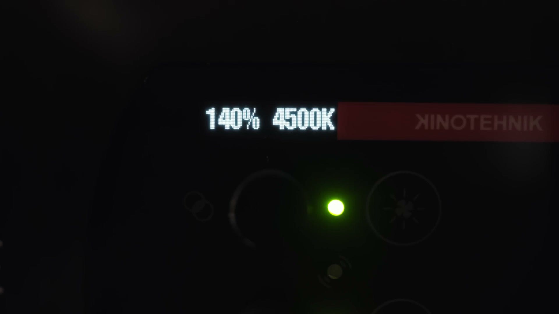 The Practilite 602's display showing 140% and 4500K next to the Kinotehnik logo.