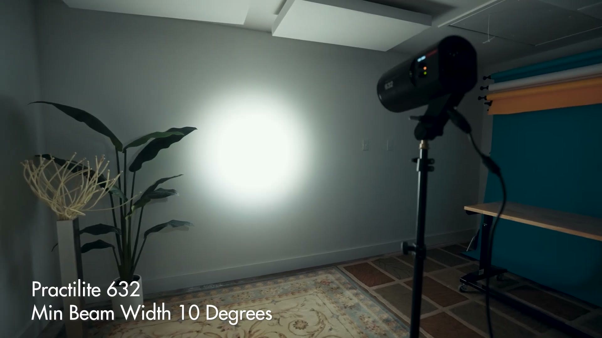 Beam test showing the Practilite 632 focused to its minimum 10 degree beam width