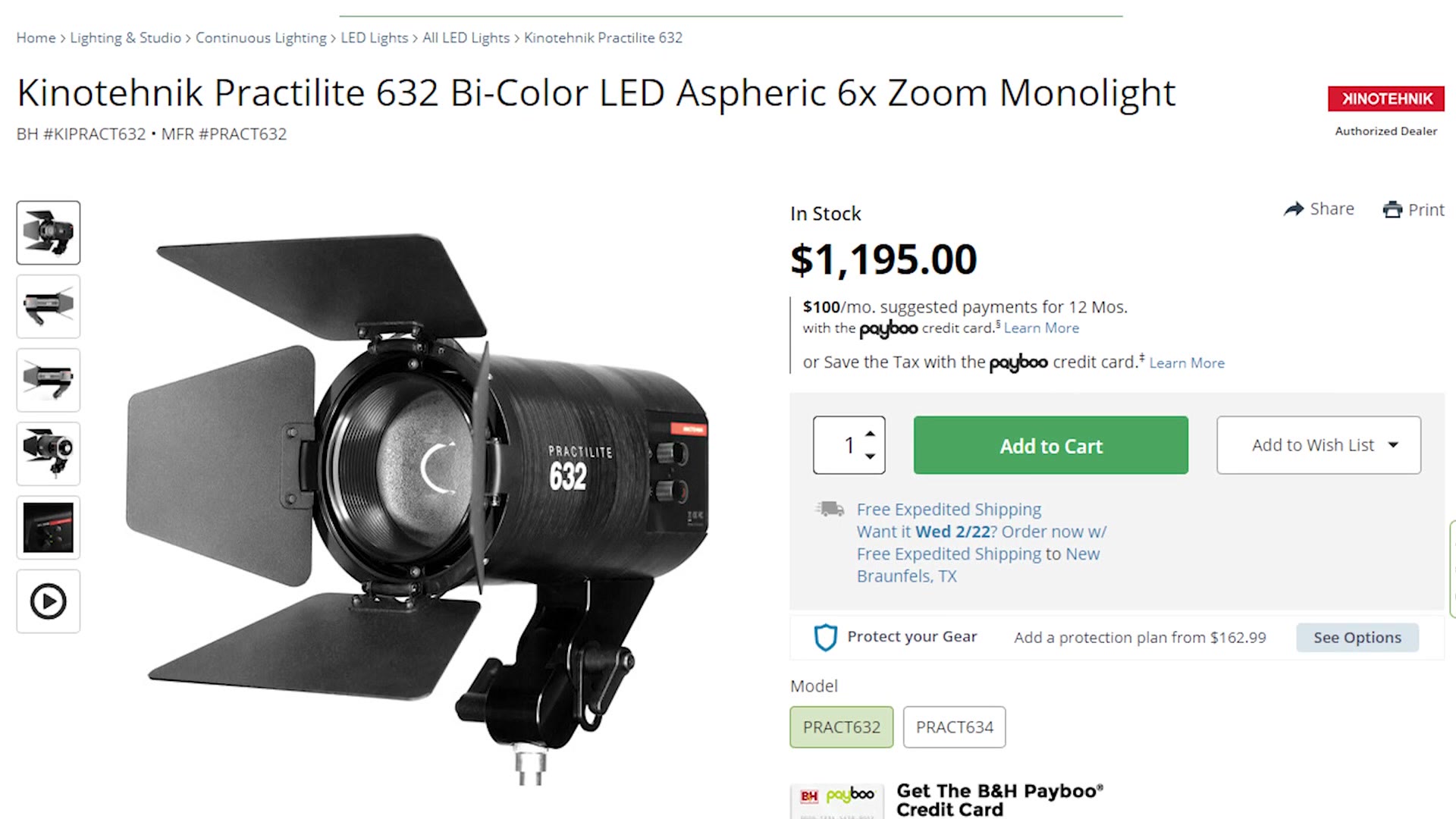 B&H product page for the Kinotehnik Practilite 632 at $1,195