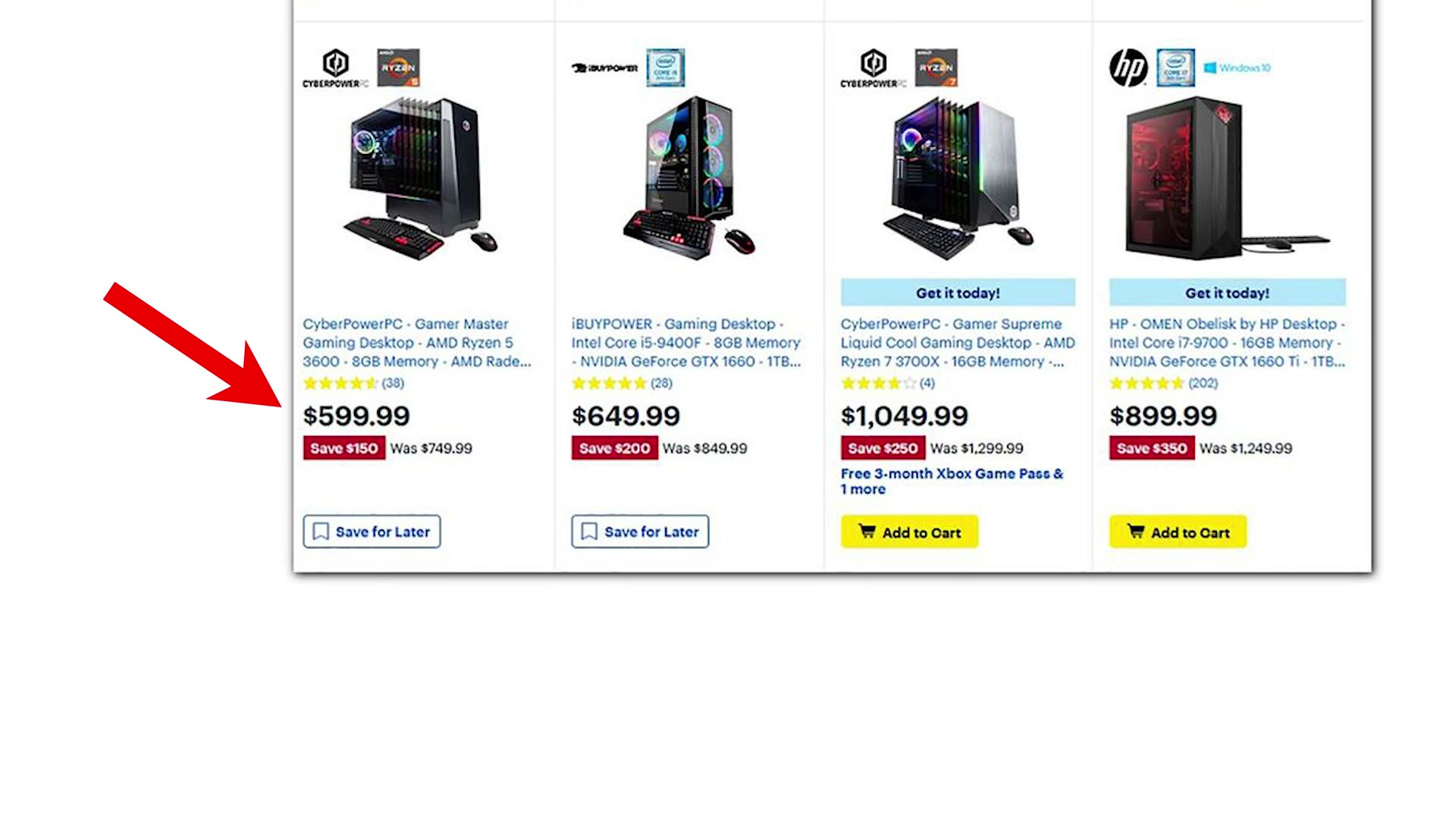 A row of Black Friday PC deals, with a red arrow pointing at a CyberPowerPC marked $599.99, saving $150 from $749.99