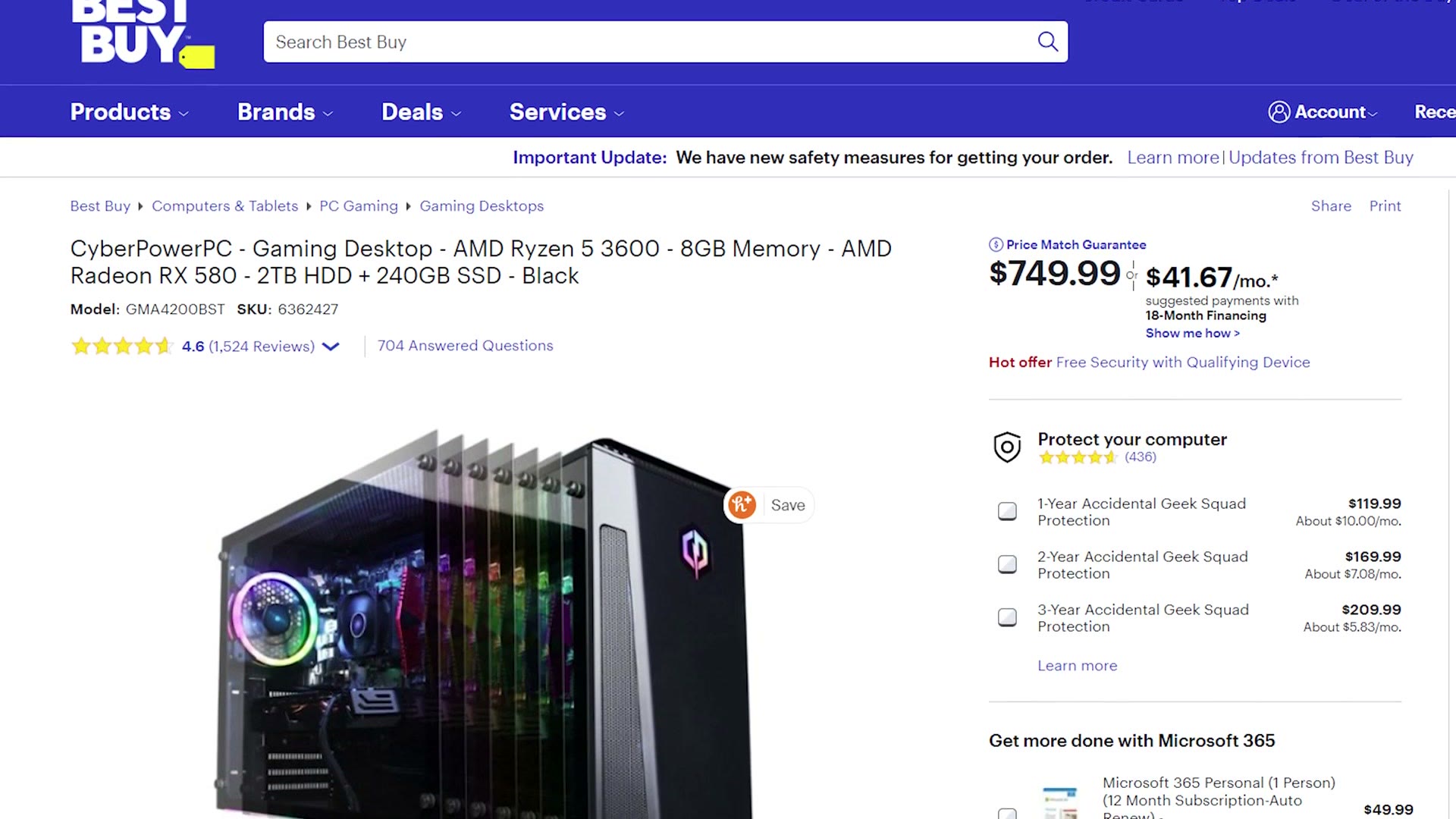 A Best Buy listing for a CyberPowerPC gaming desktop with AMD Ryzen 5 3600, 8GB memory, Radeon RX 580, 2TB HDD and 240GB SSD, priced at $749.99