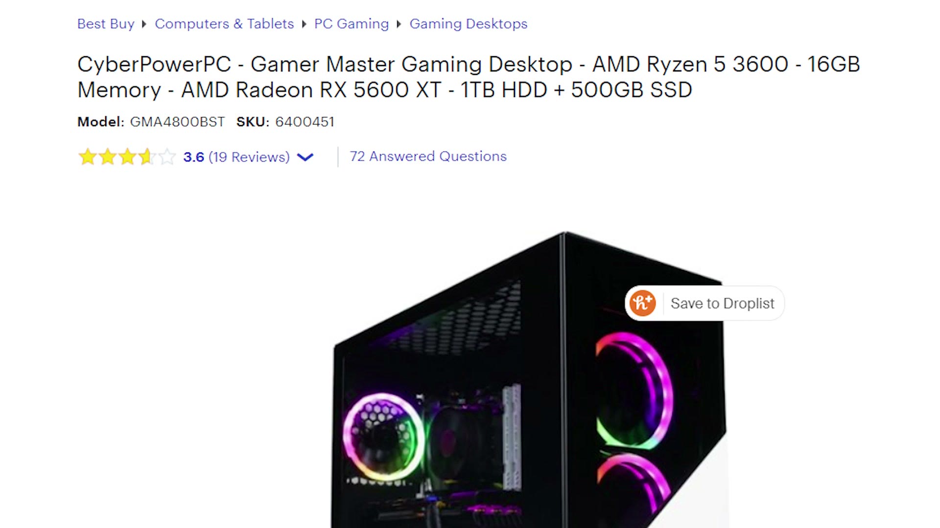 A Best Buy listing for the CyberPowerPC Gamer Master gaming desktop with Ryzen 5 3600, 16GB memory, Radeon RX 5600 XT, 1TB HDD and 500GB SSD