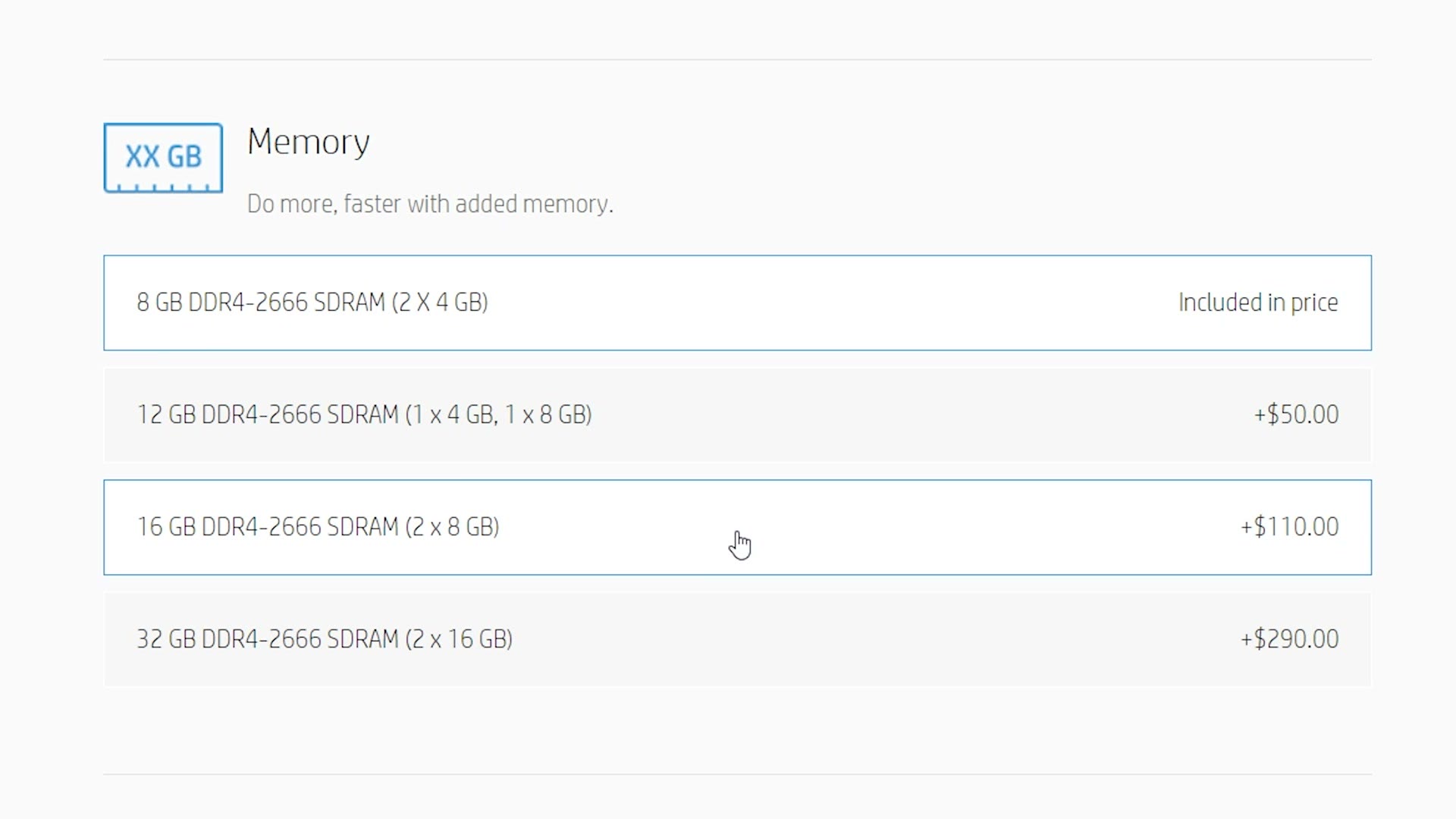 HP's configurator showing memory options: 8GB included in price, 12GB for $50 more, 16GB for $110 more and 32GB for $290 more