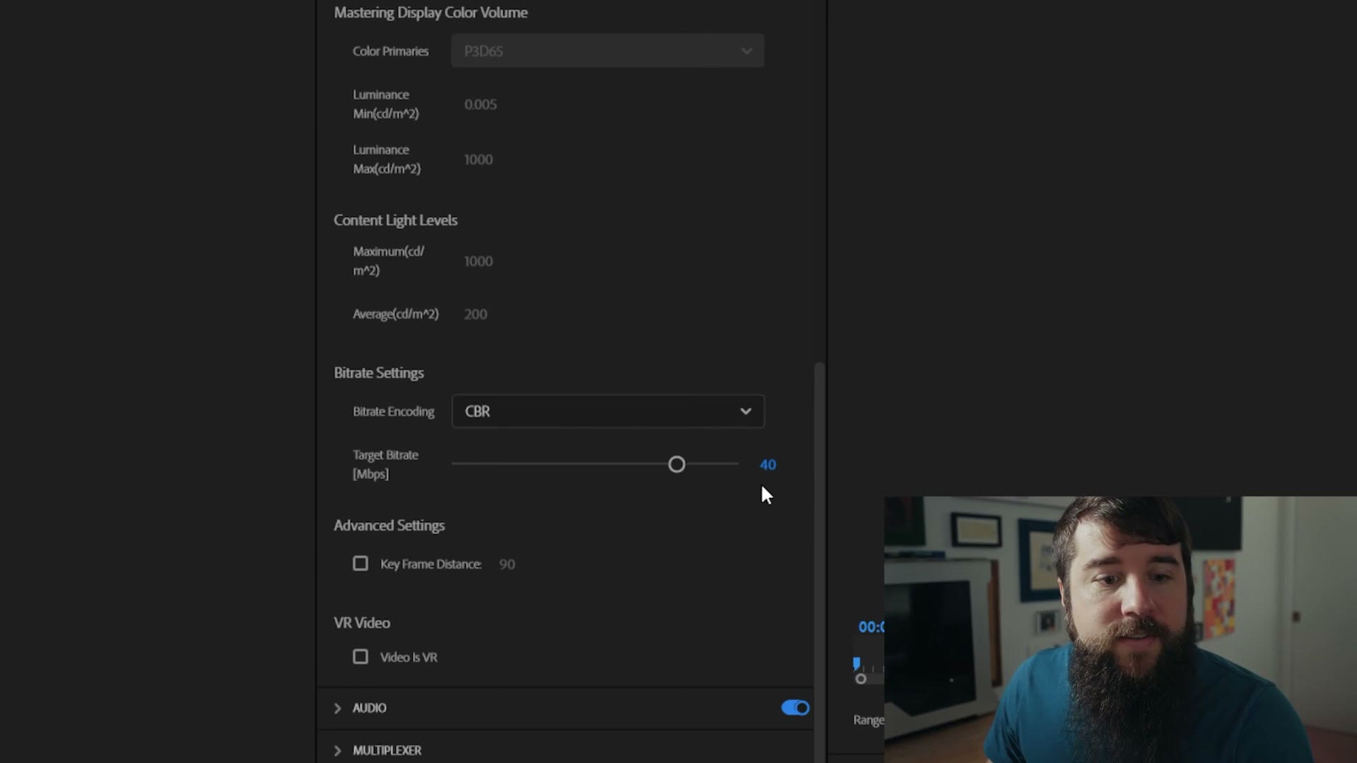 The Premiere Pro target bitrate slider set to 40 megabits per second