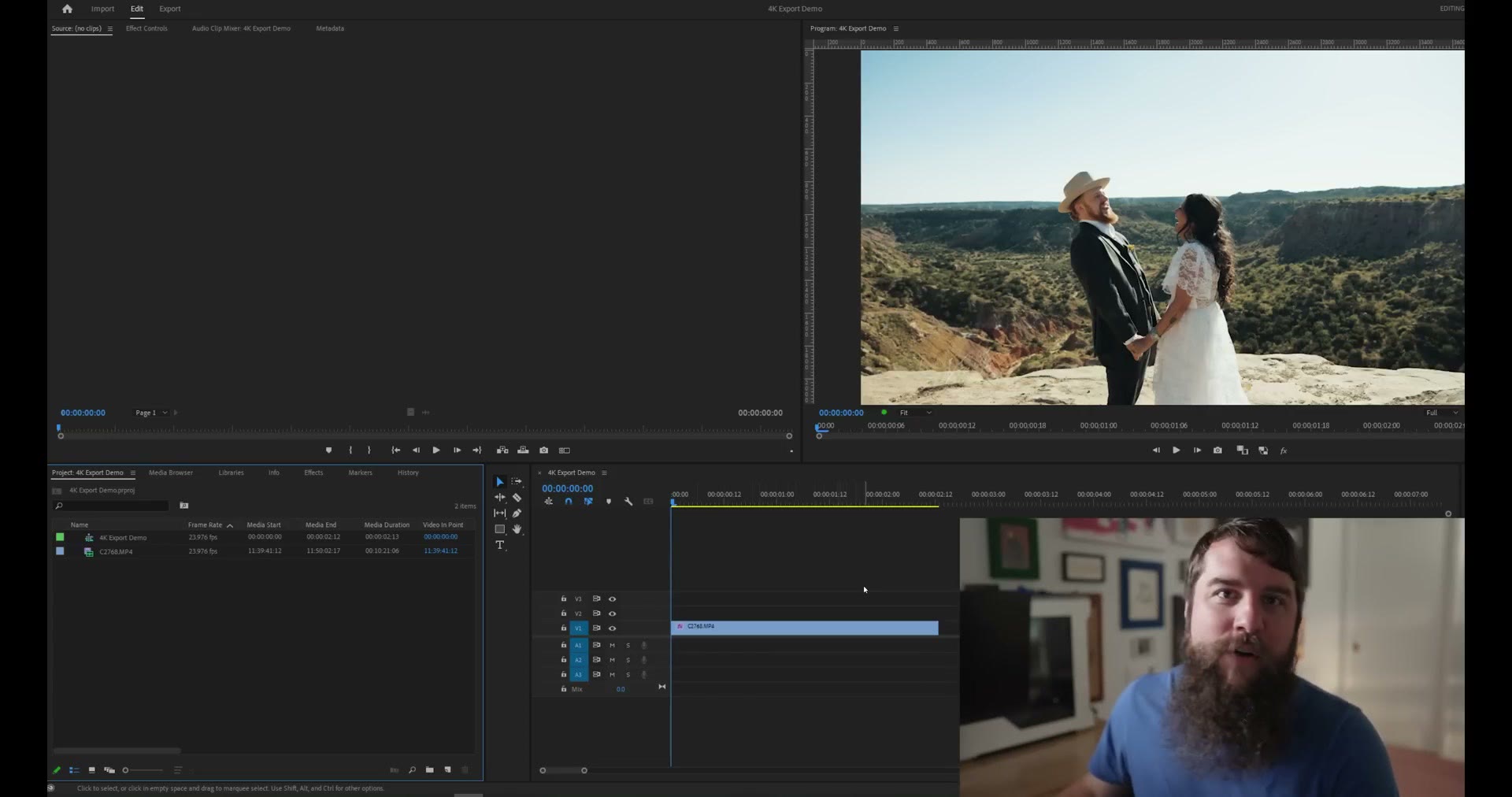 Premiere Pro timeline with a 4K clip edited and ready to export