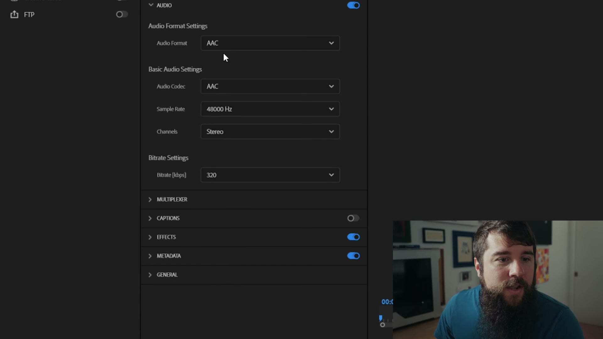 The Premiere Pro audio export settings showing AAC at 48000 Hz in stereo