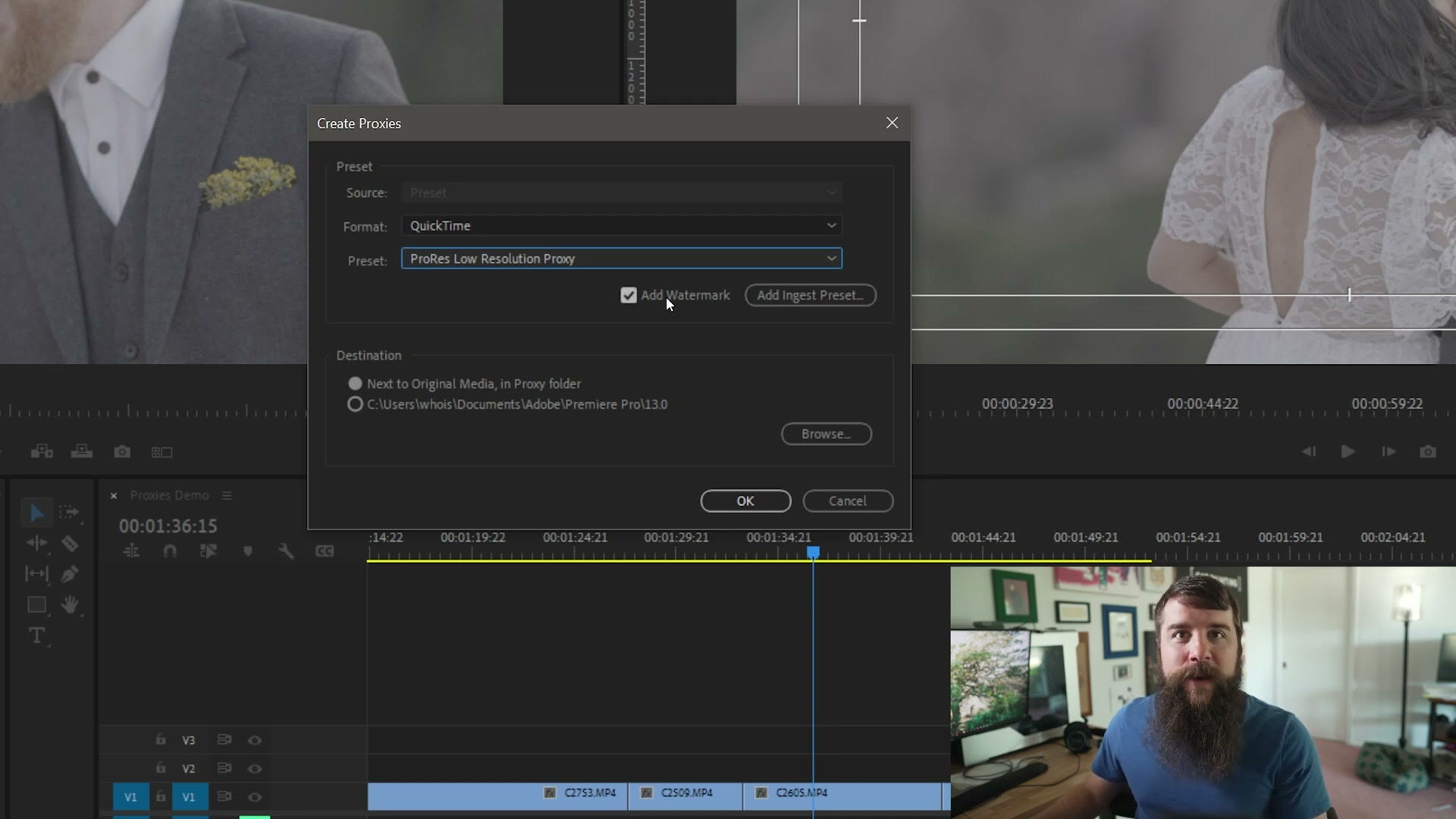 The Create Proxies dialog showing the Add Watermark checkbox and the destination setting