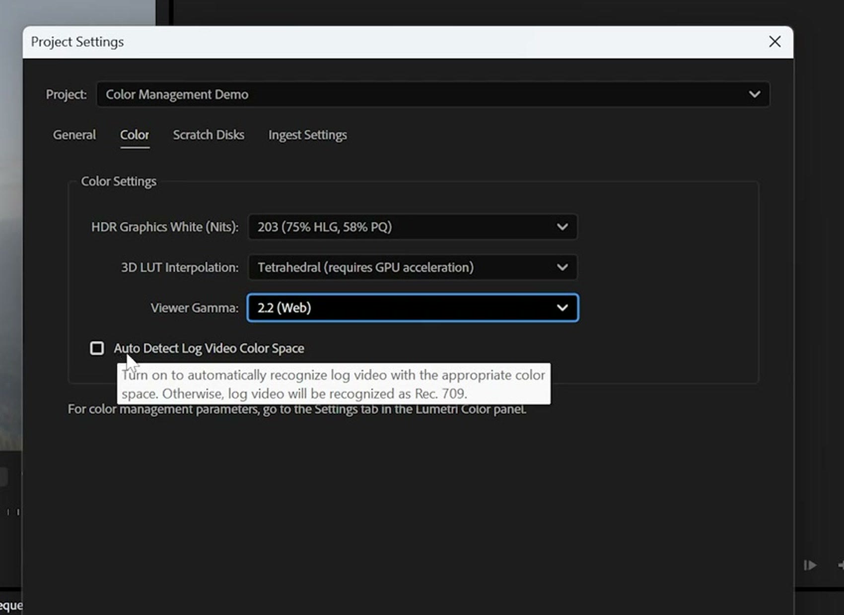 The Auto Detect Log Video Color Space checkbox in Premiere Pro Project Settings with its tooltip reading turn on to automatically recognize log video with the appropriate color space
