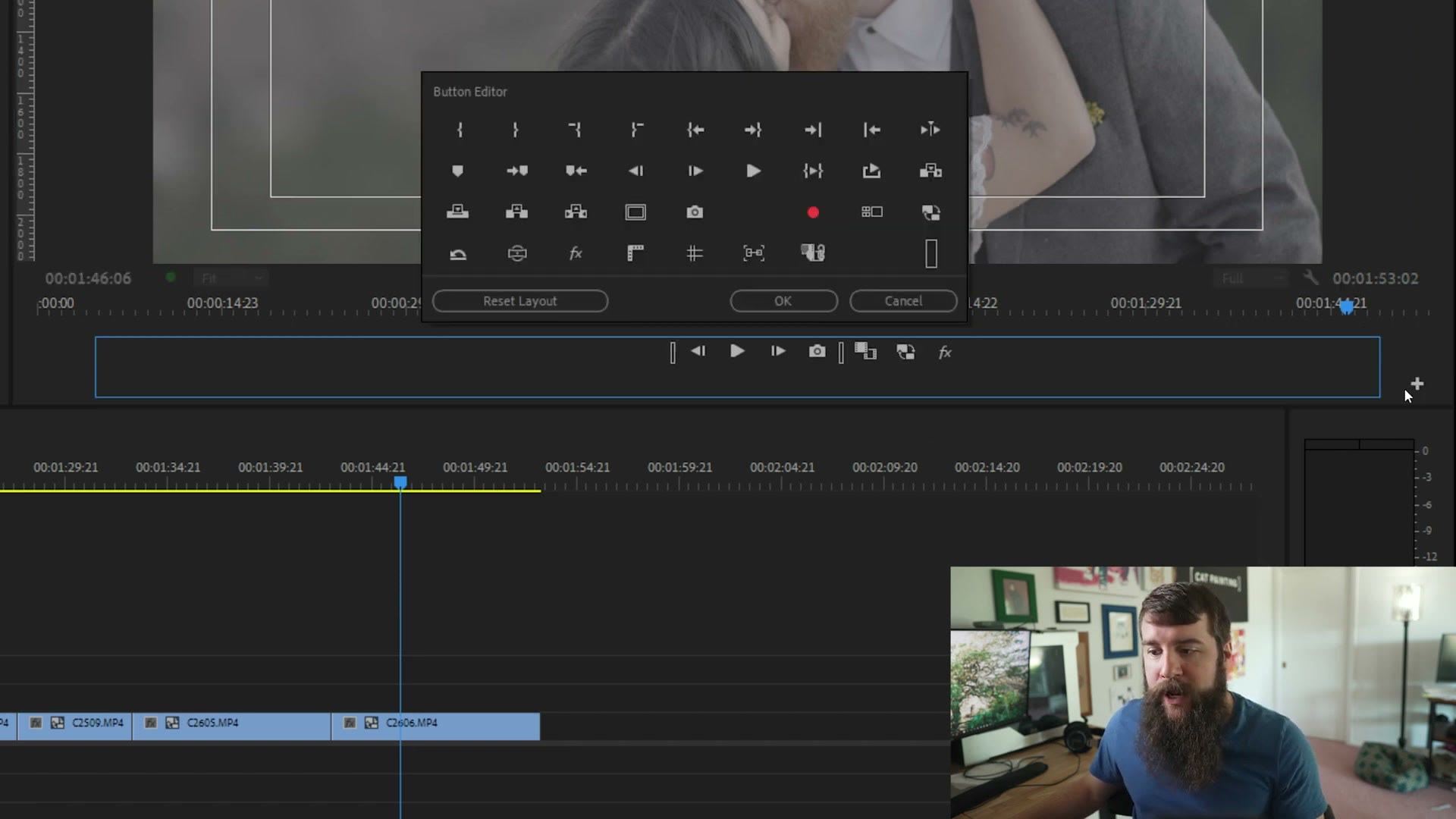 The Premiere Pro button editor showing the available program monitor buttons