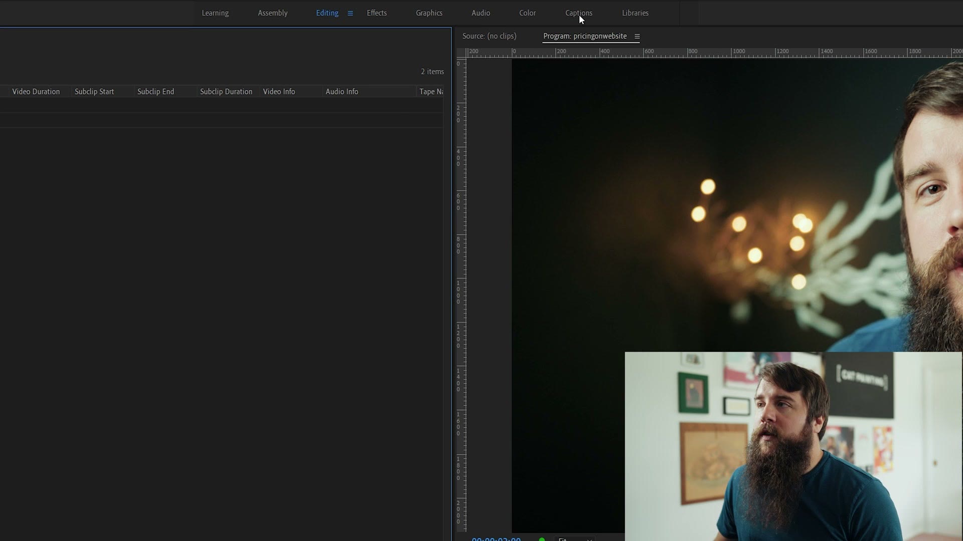 Premiere Pro captions workspace with transcript and captions panels