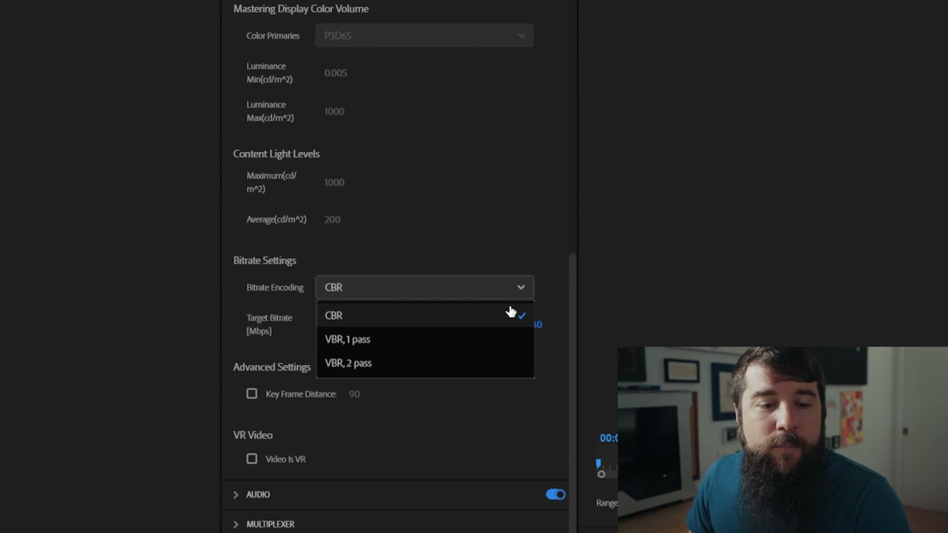 The Premiere Pro bitrate encoding dropdown showing CBR, VBR 1 pass and VBR 2 pass