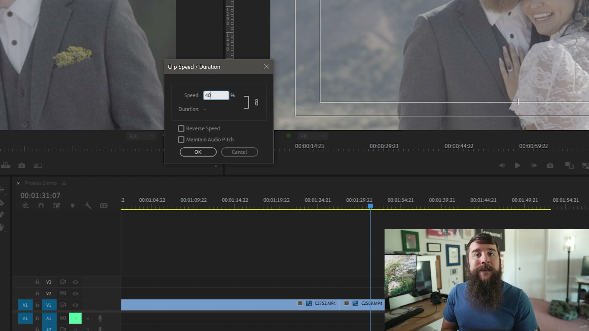 The Clip Speed Duration dialog in Premiere Pro with speed set to 40 percent