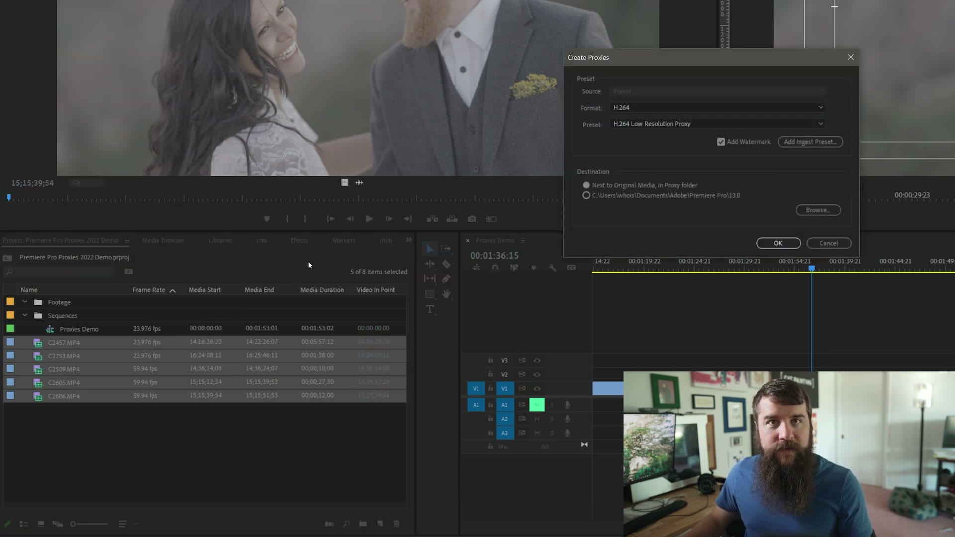 The Create Proxies dialog open in Premiere Pro