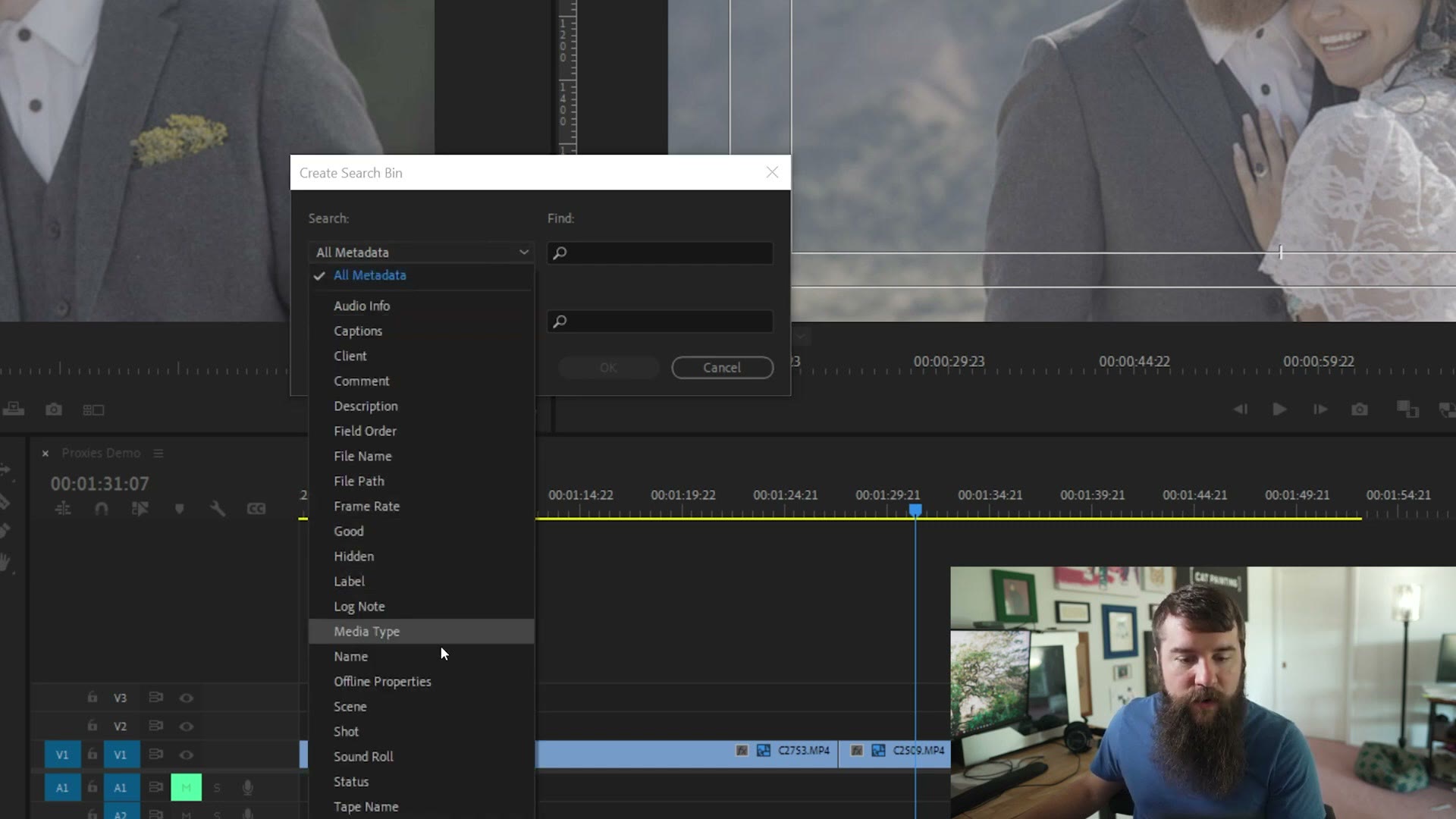 The Create Search Bin dialog with the search field set to Frame Rate