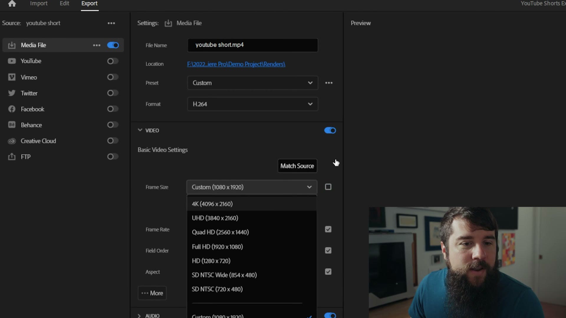 The export frame size dropdown showing Custom 1080x1920