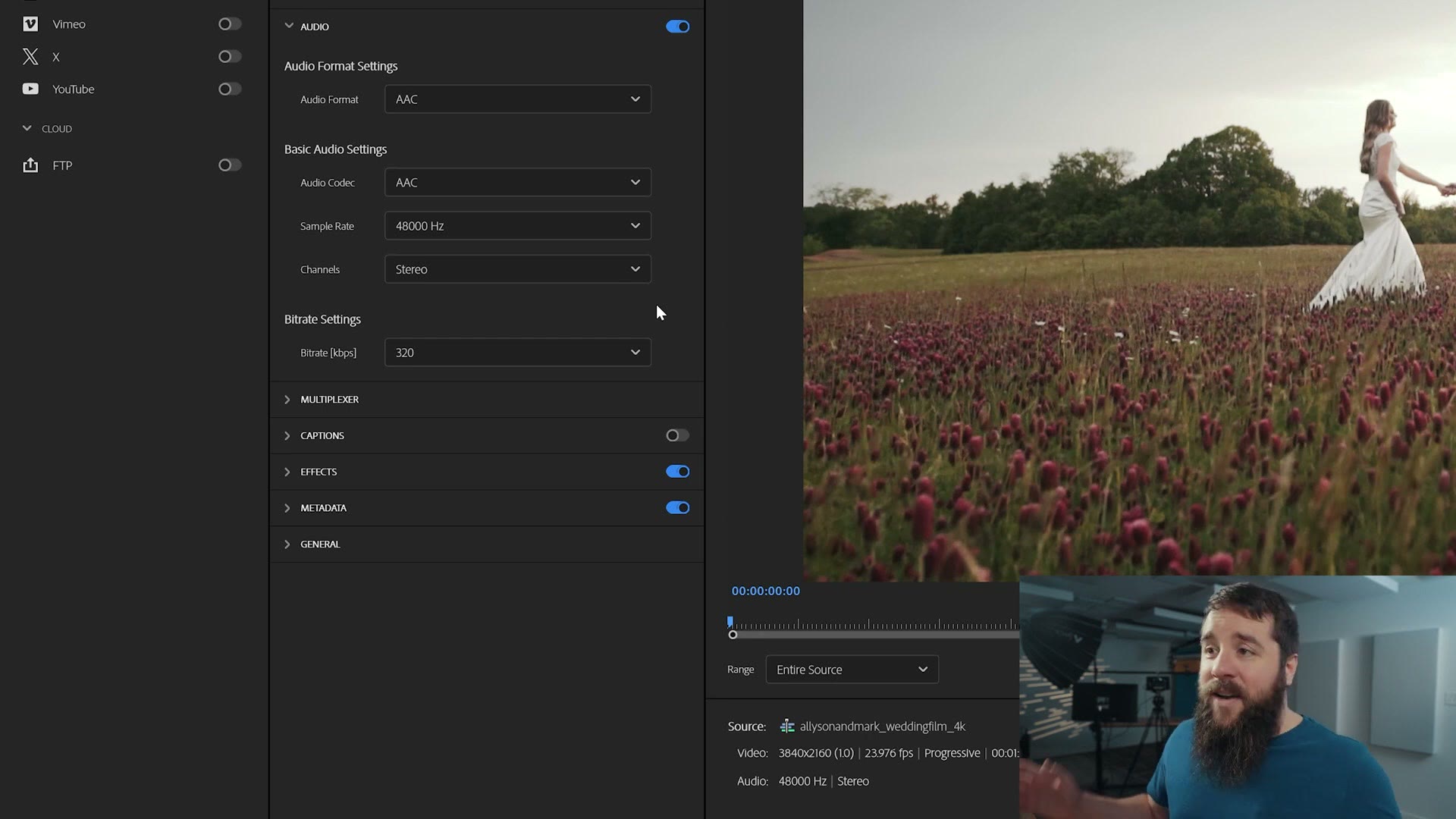Audio settings in the Premiere Pro export window showing AAC, 48000 Hz, Stereo and a 320 kbps bitrate