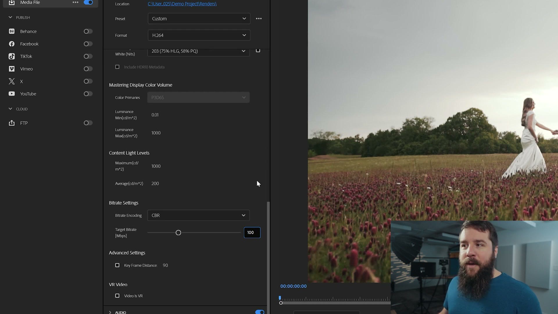 Bitrate Settings in Premiere Pro set to CBR with a Target Bitrate of 100 Mbps